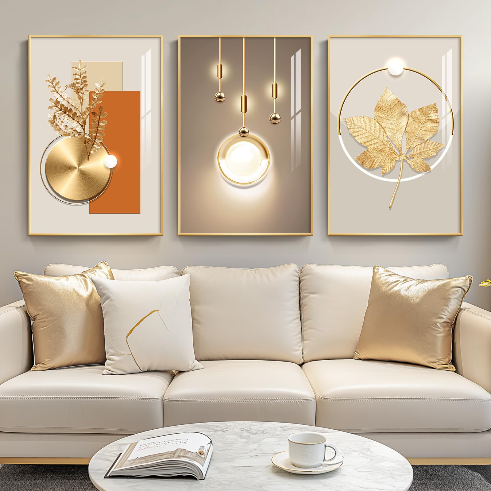 Large Framed Modern Luxury Gold Wall Art for Living Room, 3 Piece Bright Style Art Prints Paintings Artwork for Walls, Bronze Gold Geometric Pictures for Hallway Stair Office Wall Decor 24x36 In
