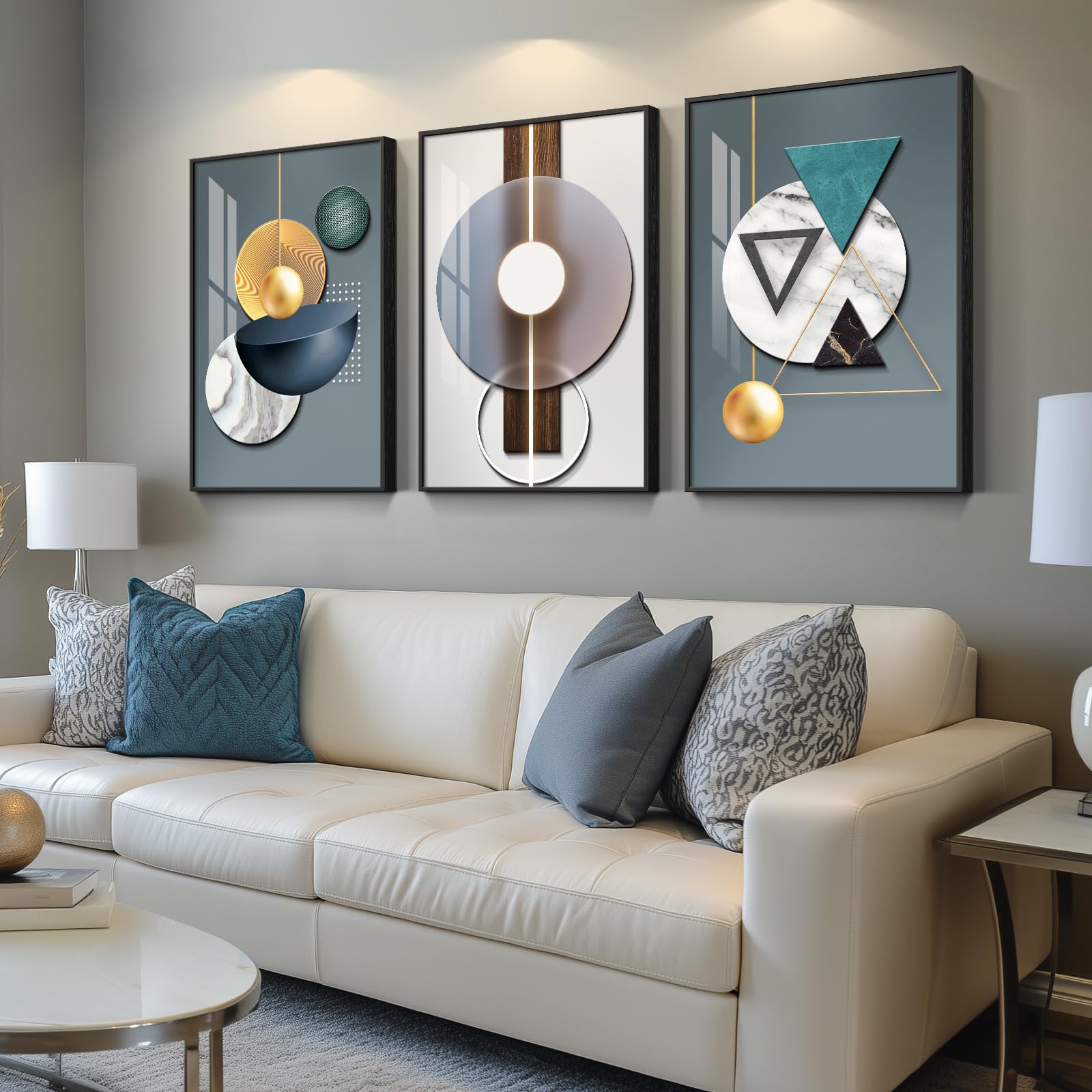 Large Framed Modern Luxury Gold Wall Art for Living Room, 3 Piece Bright Style Art Prints Paintings Artwork for Walls, Bronze Gold Geometric Pictures for Hallway Stair Office Wall Decor 24x36 In