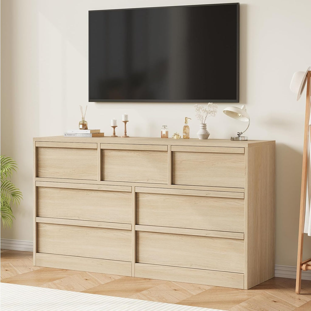 GarveeHome 7 Drawer Dresser for Bedroom, 54in Wide Natural Oak 7 Chest of Drawers with Large Storage, Wooden Dresser Organizer Closet for Living Room, Entryway, Nursery