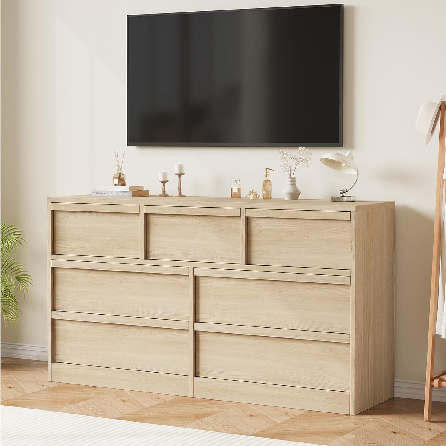 GarveeHome 7 Drawer Dresser for Bedroom, 54in Wide Natural Oak 7 Chest of Drawers with Large Storage, Wooden Dresser Organizer Closet for Living Room, Entryway, Nursery