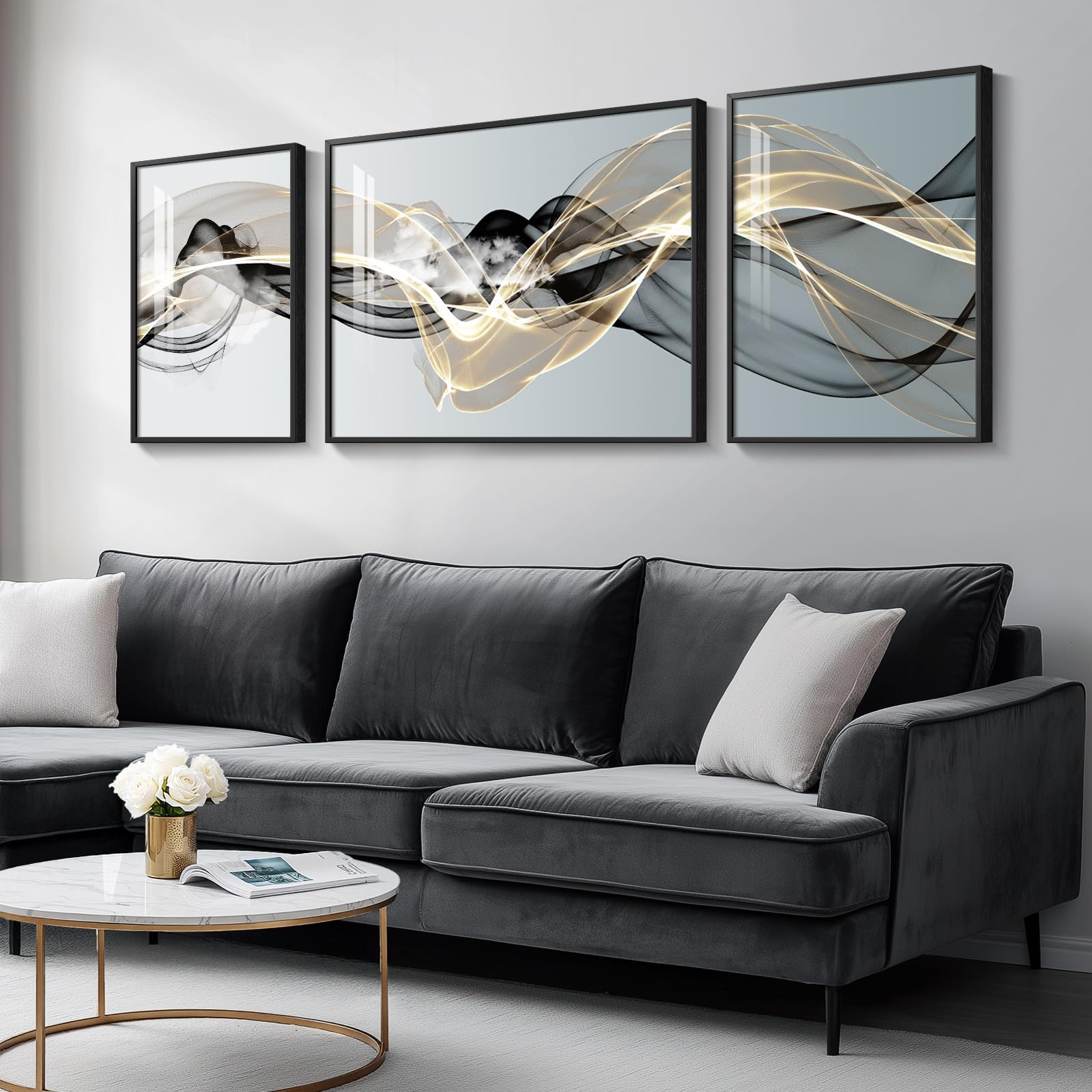 Large Framed Modern Luxury Gold Wall Art for Living Room, 3 Piece Bright Style Art Prints Paintings Artwork for Walls, Bronze Gold Geometric Pictures for Hallway Stair Office Wall Decor 24x36 In