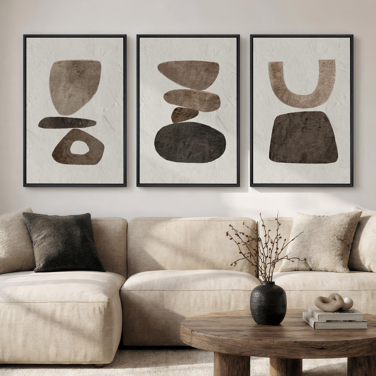Large Framed Neutral Abstract Wall Art for Living Room, 3 Piece Modern Canvas Prints Paintings Artwork for Walls, Black and Beige Pictures for Living Room Hallway Stair Office Wall Decor 24x36 Inch
