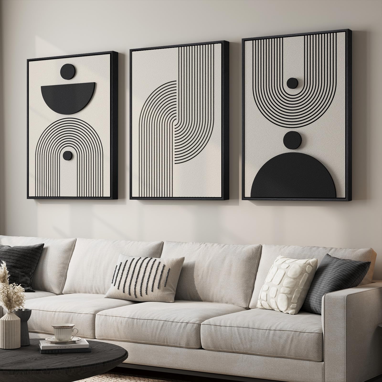 Large 3D Textured Framed Neutral Abstract Wall Art for Living Room, 3 Piece Modern Artwork for Walls, Minimalist White and Brown Geometric Wall Paintings for Hallway, Stair, Office Wall Decor 24x36 In
