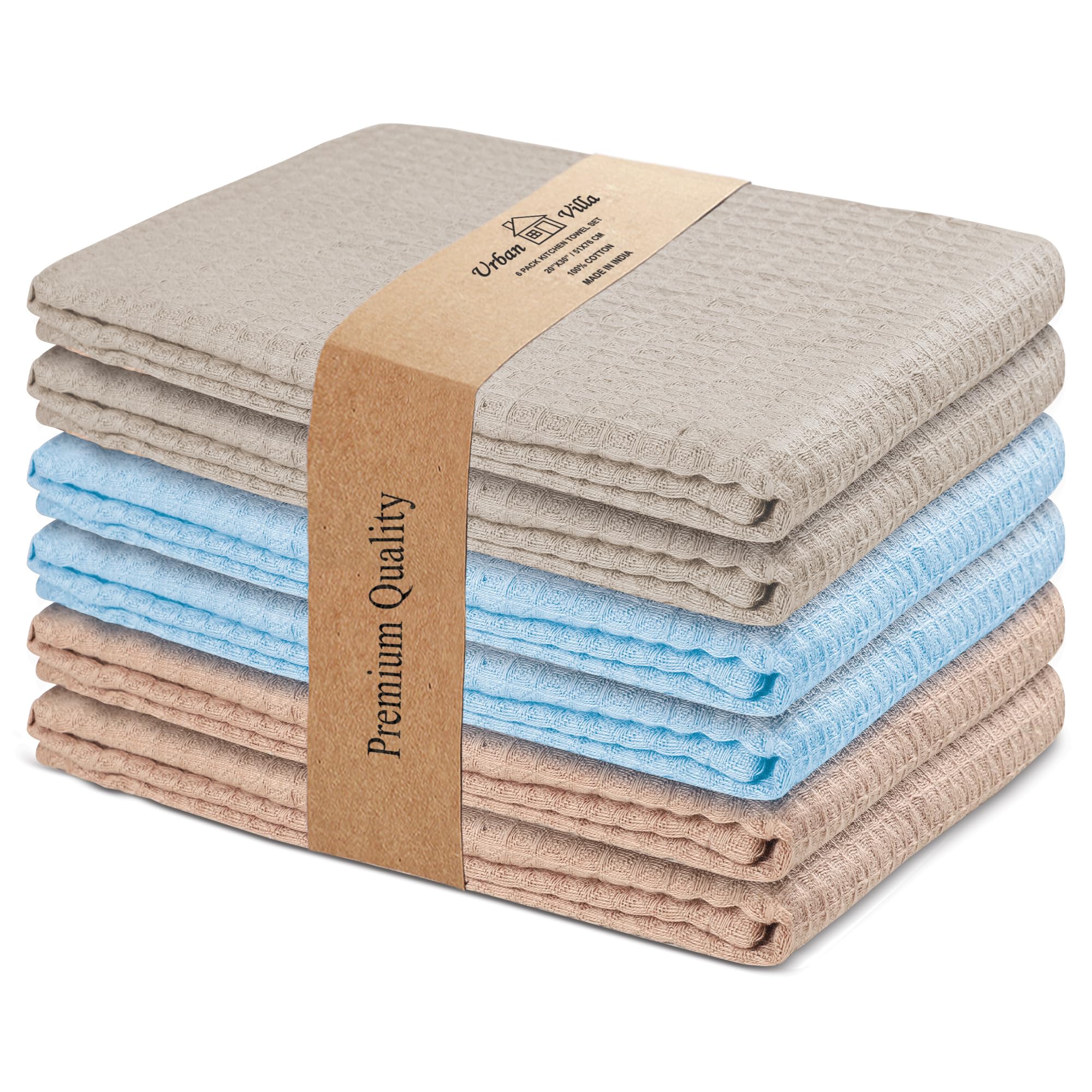 Urban Villa Kitchen Towels 100% Cotton Dish Towels for Kitchen (Set of 6) 20”x30” Dish Cloths Highly Absorbent Kitchen Linen Set with Hanging Loop Perfect for Drying Dishes Cleaning Towels-Blue White