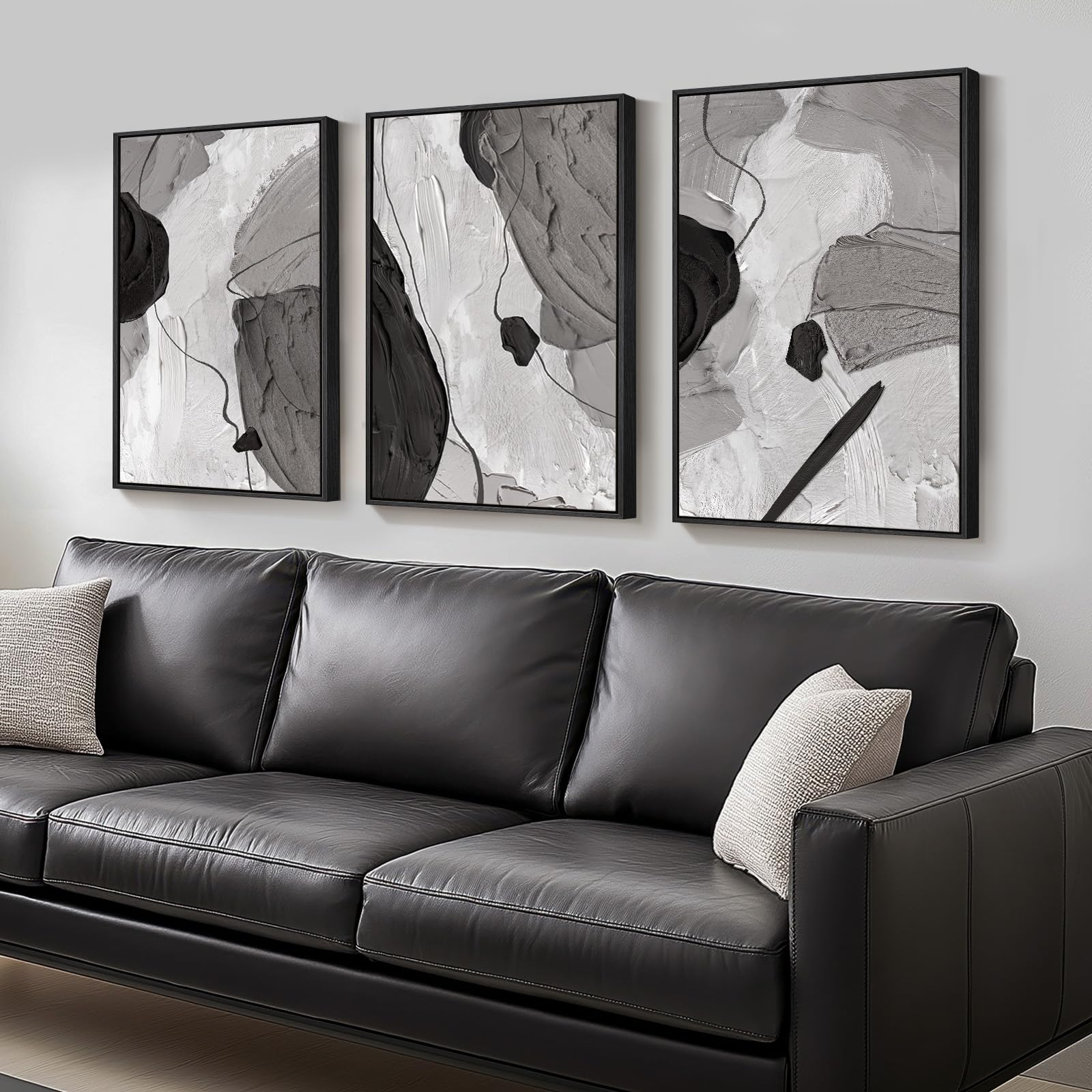 Framed Black and White Abstract Wall Art, 3 Piece Modern Canvas Prints Paintings Art for Walls, Minimalist Black White Abstract Pictures for Living Room Bedroom Dining Room Office Wall Decor 16x24 In