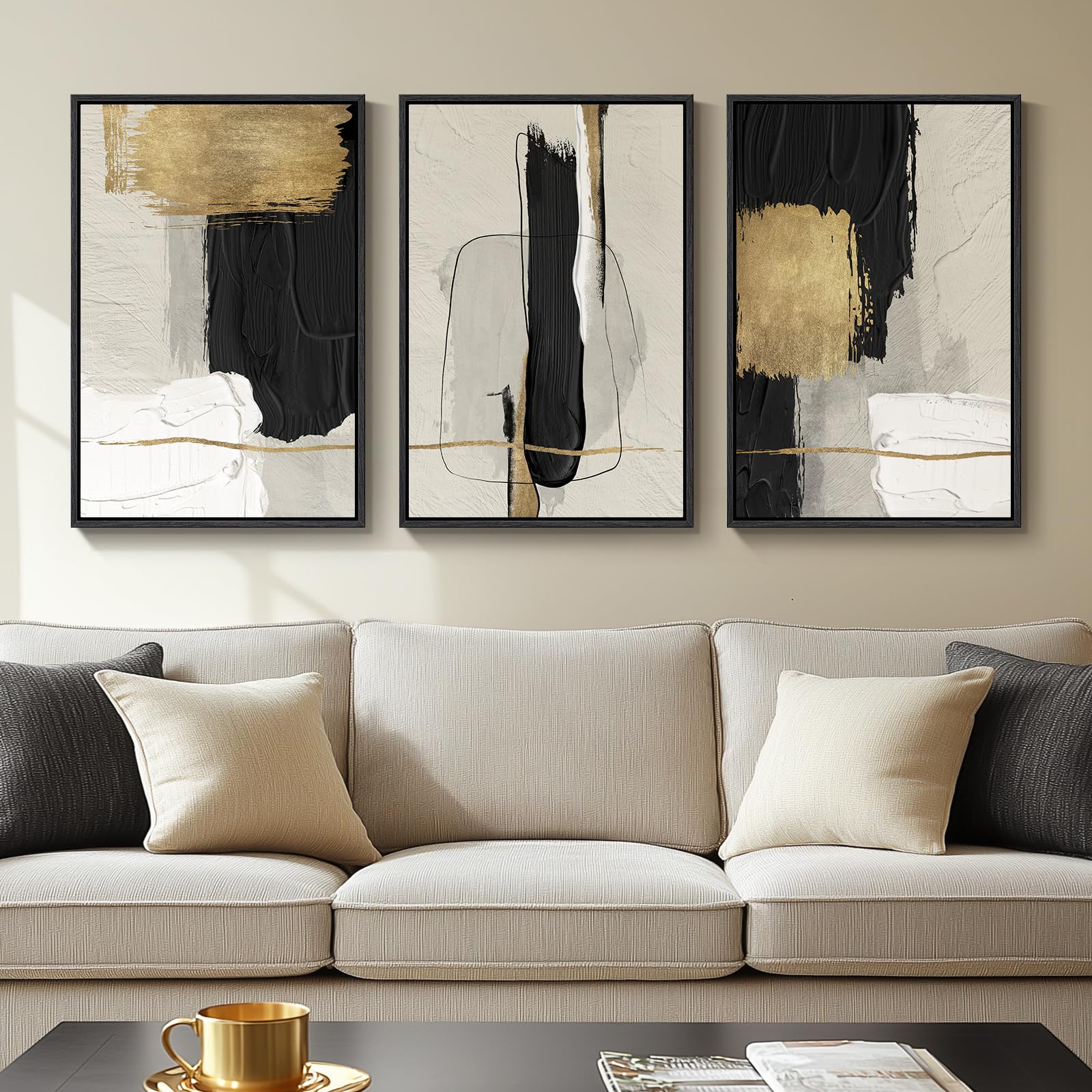 Framed Black and White Abstract Wall Art, 3 Piece Modern Canvas Prints Paintings Art for Walls, Minimalist Black White Abstract Pictures for Living Room Bedroom Dining Room Office Wall Decor 16x24 In