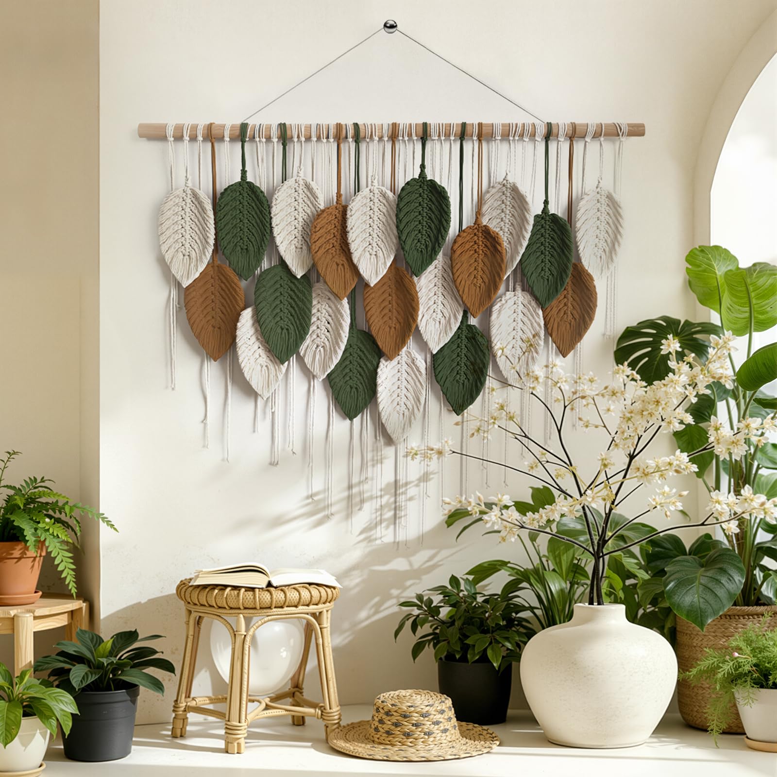 Lokeisna Macrame Wall Hanging, Woven Tapestry Beige & Dusty Rose Handmade Craft Macrame Wall Decor, Gallery & Nursery, Size 37.4” Lx27.5” W