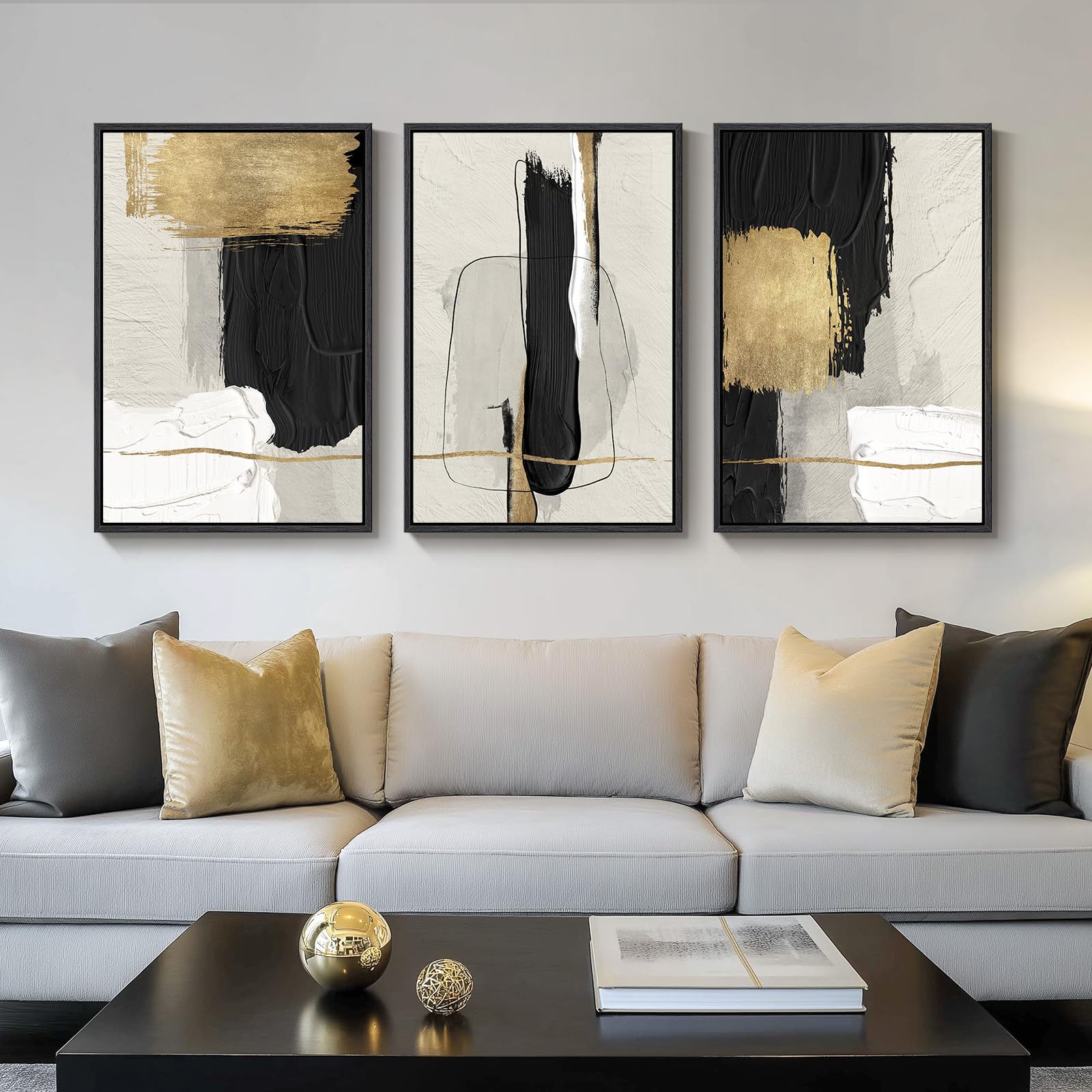 Framed Black and White Abstract Wall Art, 3 Piece Modern Canvas Prints Paintings Art for Walls, Minimalist Black White Abstract Pictures for Living Room Bedroom Dining Room Office Wall Decor 16x24 In