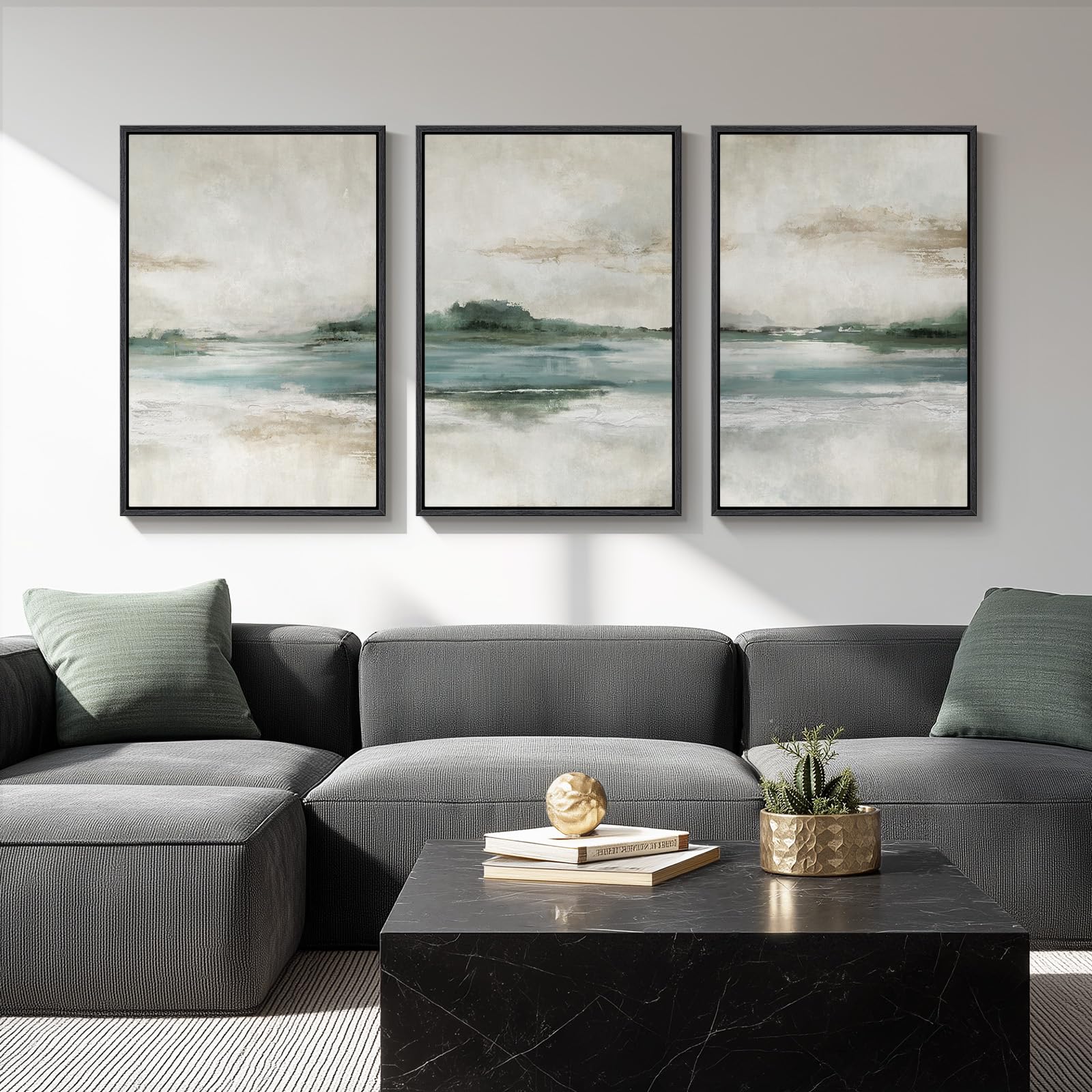 Large Framed Blue and Grey Abstract Wall Art for Living Room, 3 Piece Modern Canvas Prints Paintings Artwork for Walls, Minimalist Abstract Pictures Wall Decor for Hallway Office Bedroom 24x36 In