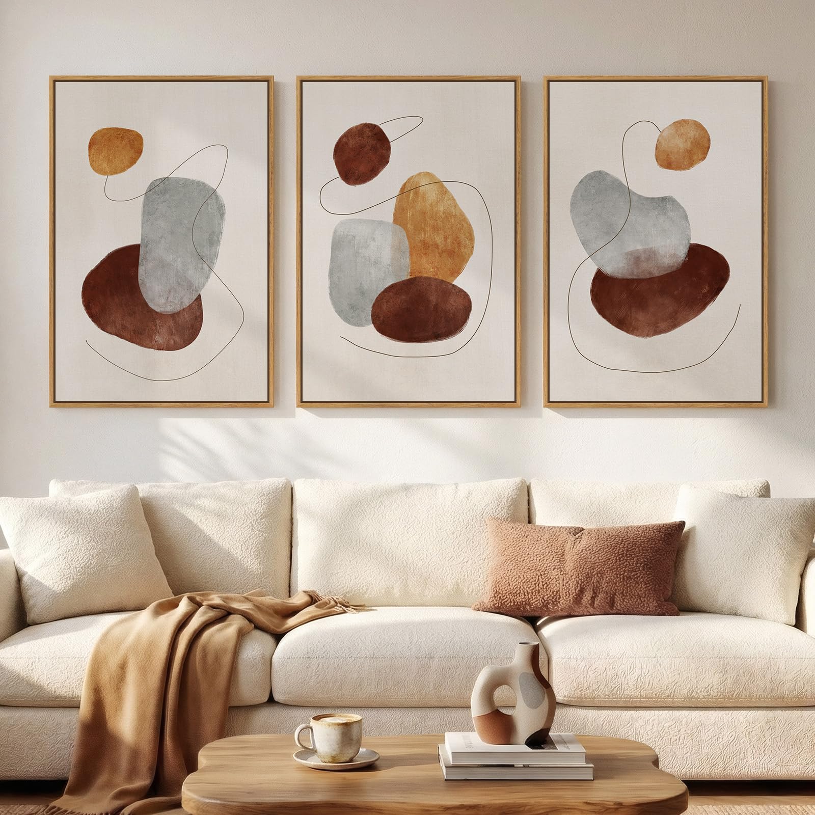 Large Framed Neutral Abstract Wall Art for Living Room, 3 Piece Modern Canvas Prints Paintings Artwork for Walls, Black and Beige Pictures for Living Room Hallway Stair Office Wall Decor 24x36 Inch
