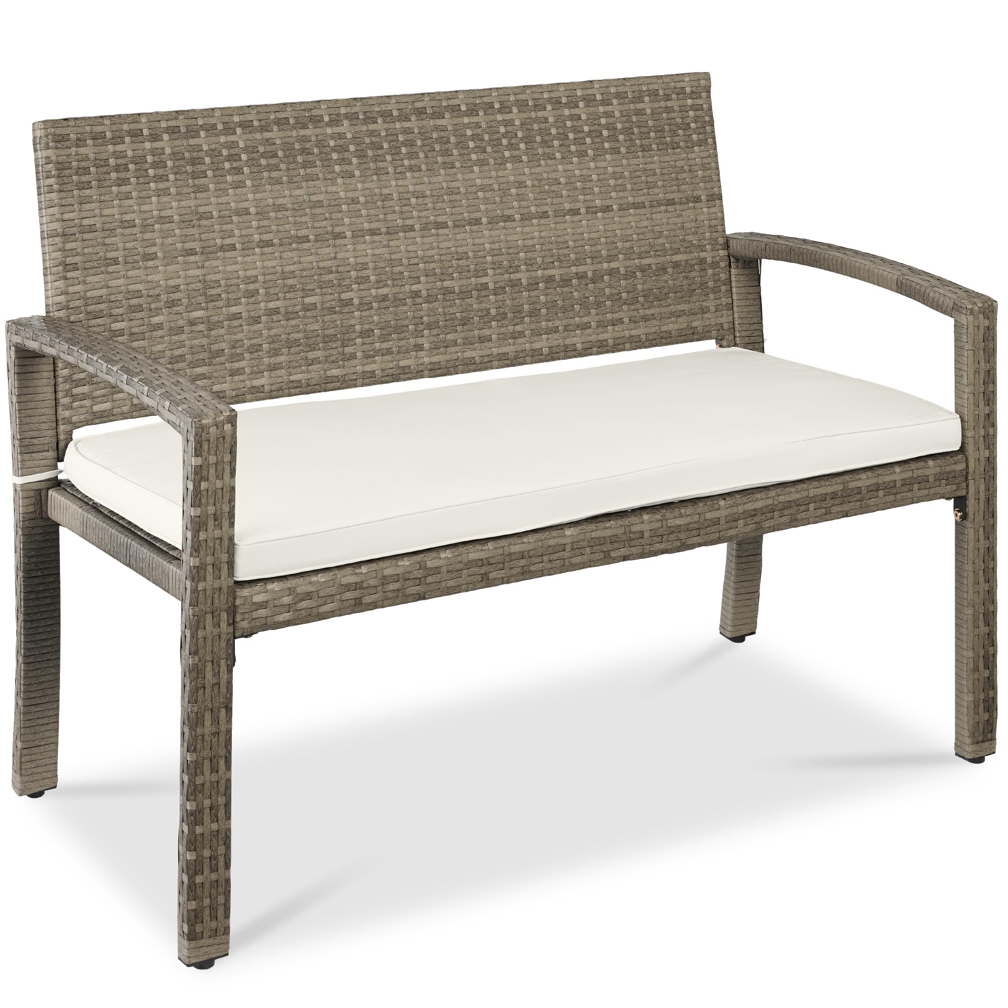 Best Choice Products Outdoor Bench 2-Person Wicker Garden Patio Benches Seating Furniture for Backyard, Porch w/Seat Cushion, 700lb Capacity - Brown/Tan