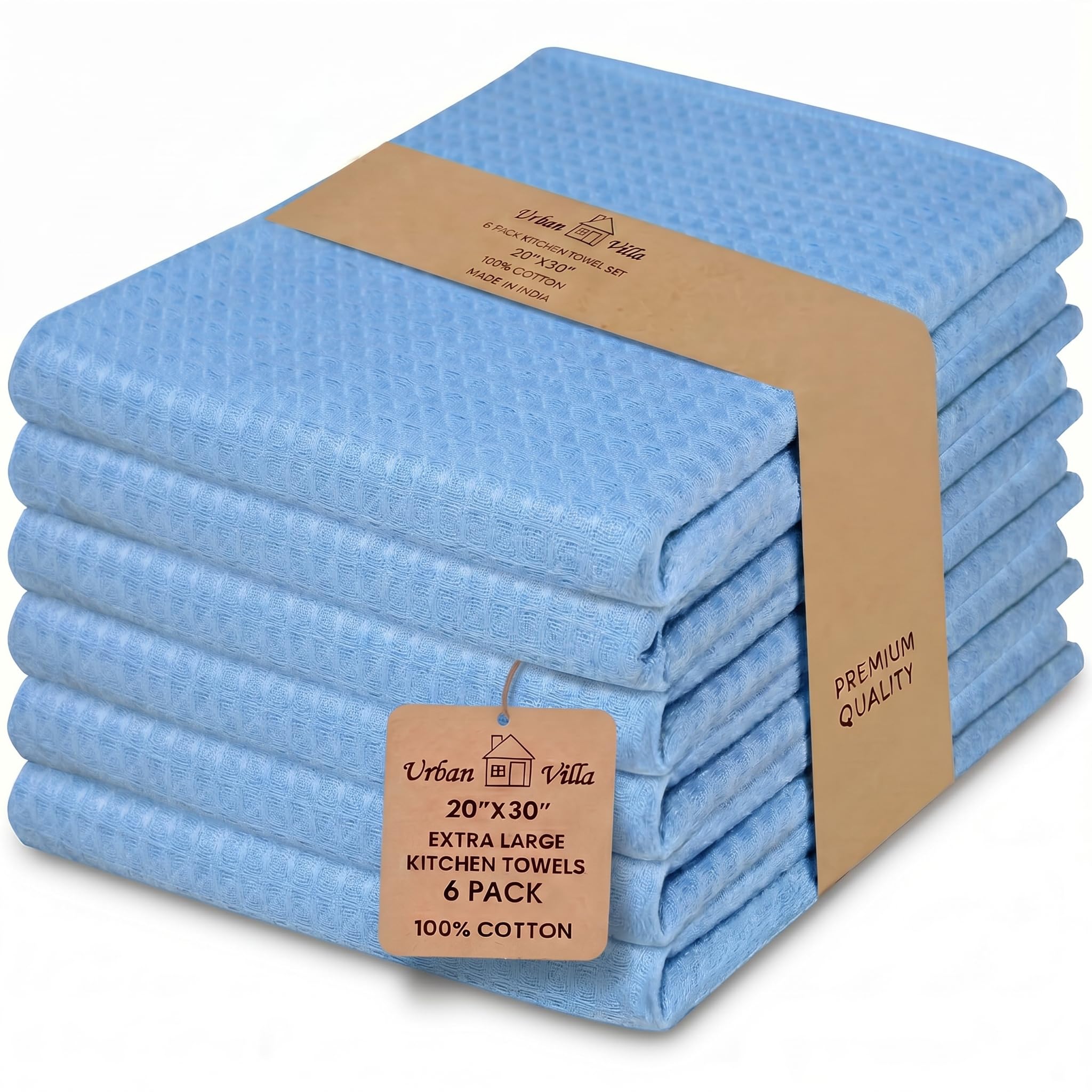 Urban Villa Kitchen Towels 100% Cotton Dish Towels for Kitchen (Set of 6) 20”x30” Dish Cloths Highly Absorbent Kitchen Linen Set with Hanging Loop Perfect for Drying Dishes Cleaning Towels-Blue White