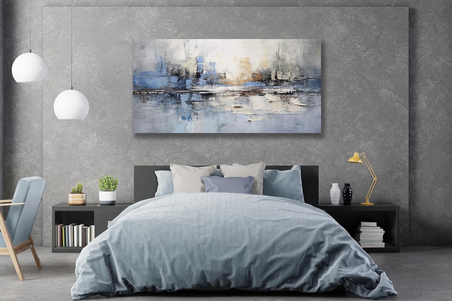 VHMING Abstract Wall Art Wall Decor Blue and Gray White Modern Canvas Wall Paintings Abstract Artwork for Living Room Bedroom Bathroom Office Home Decor Can Be Hung Directly 29"x 58"