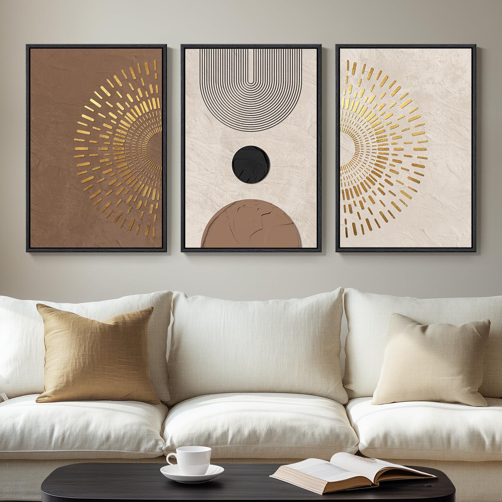 Large Framed Neutral Abstract Wall Art for Living Room, 3 Piece Modern Canvas Prints Paintings Artwork for Walls, Black and Beige Pictures for Living Room Hallway Stair Office Wall Decor 24x36 Inch