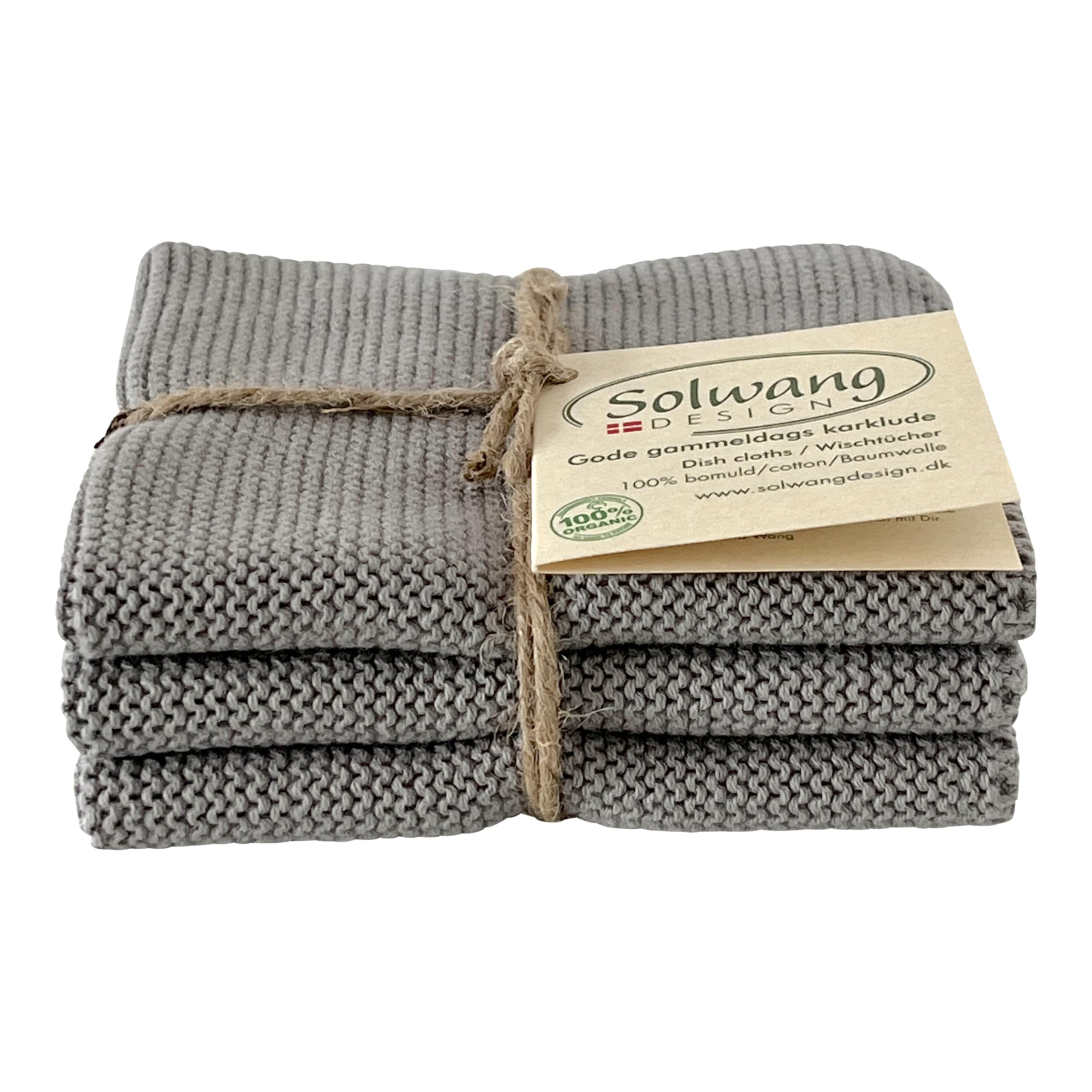 Solwang 3-Piece Danish Cotton Dishcloths in 100% Certified Organic Cotton Made in India (Rustic Blue Organic Combi)