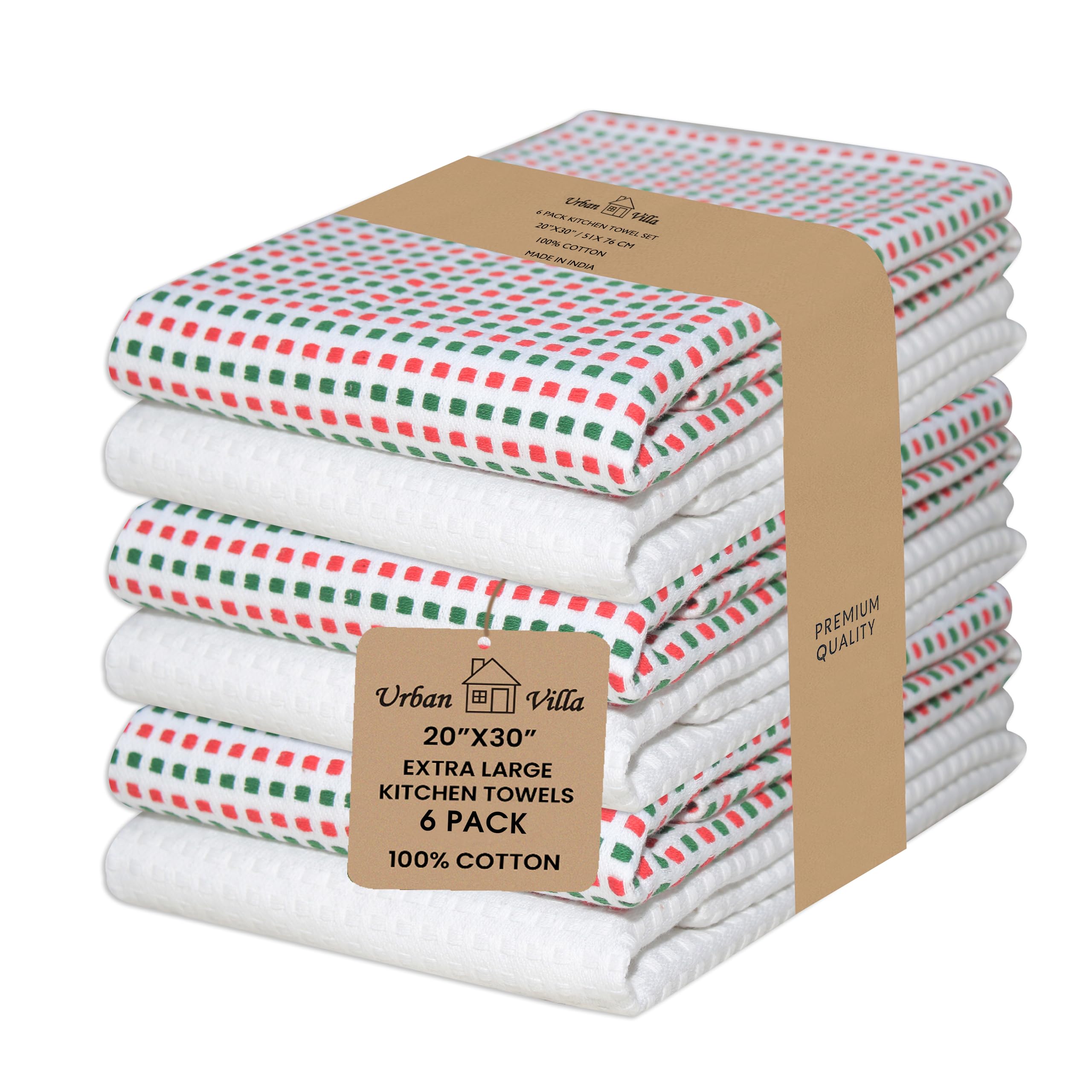 Urban Villa Kitchen Towels 100% Cotton Dish Towels for Kitchen (Set of 6) 20”x30” Dish Cloths Highly Absorbent Kitchen Linen Set with Hanging Loop Perfect for Drying Dishes Cleaning Towels-Blue White