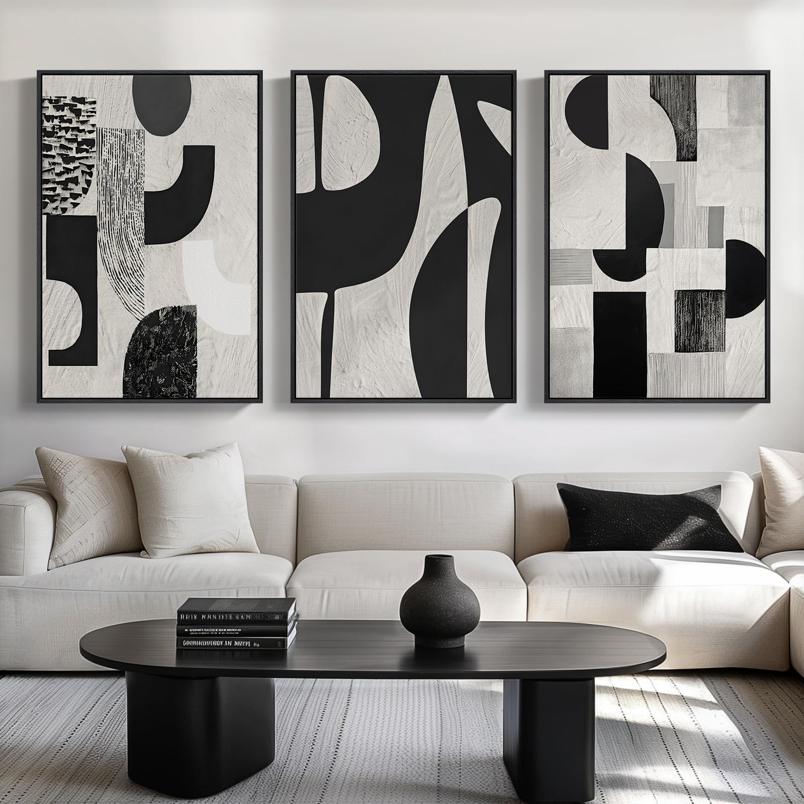 Framed Black and White Abstract Wall Art, 3 Piece Modern Canvas Prints Paintings Art for Walls, Minimalist Black White Abstract Pictures for Living Room Bedroom Dining Room Office Wall Decor 16x24 In