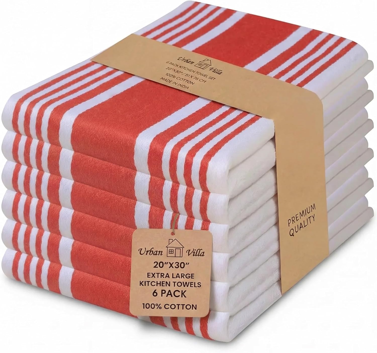 Urban Villa Kitchen Towels 100% Cotton Dish Towels for Kitchen (Set of 6) 20”x30” Dish Cloths Highly Absorbent Kitchen Linen Set with Hanging Loop Perfect for Drying Dishes Cleaning Towels-Blue White