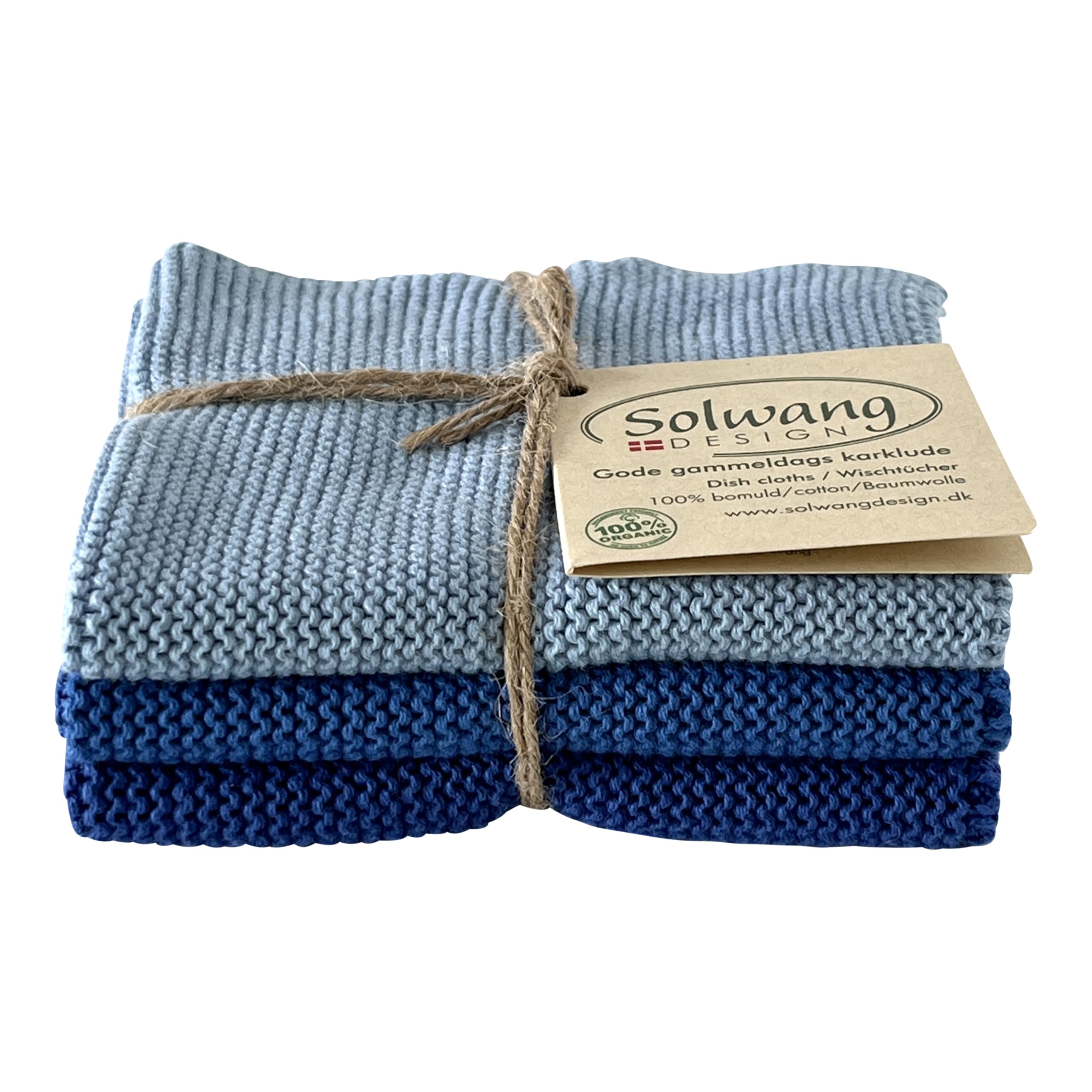 Solwang 3-Piece Danish Cotton Dishcloths in 100% Certified Organic Cotton Made in India (Rustic Blue Organic Combi)