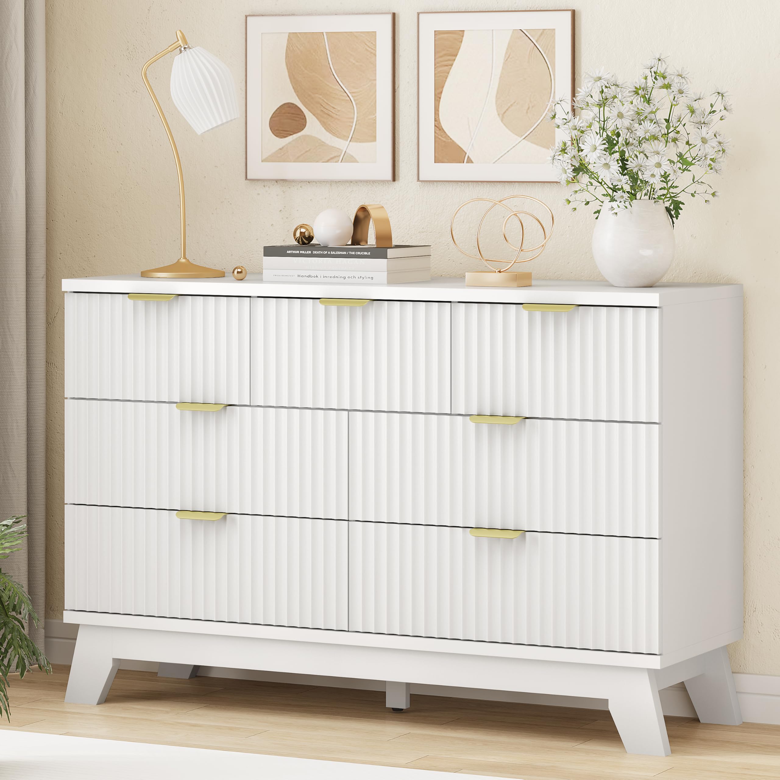 9-Drawer Fluted Dresser, 57" Wide Natural Oak Storage Chest with Metal Handles