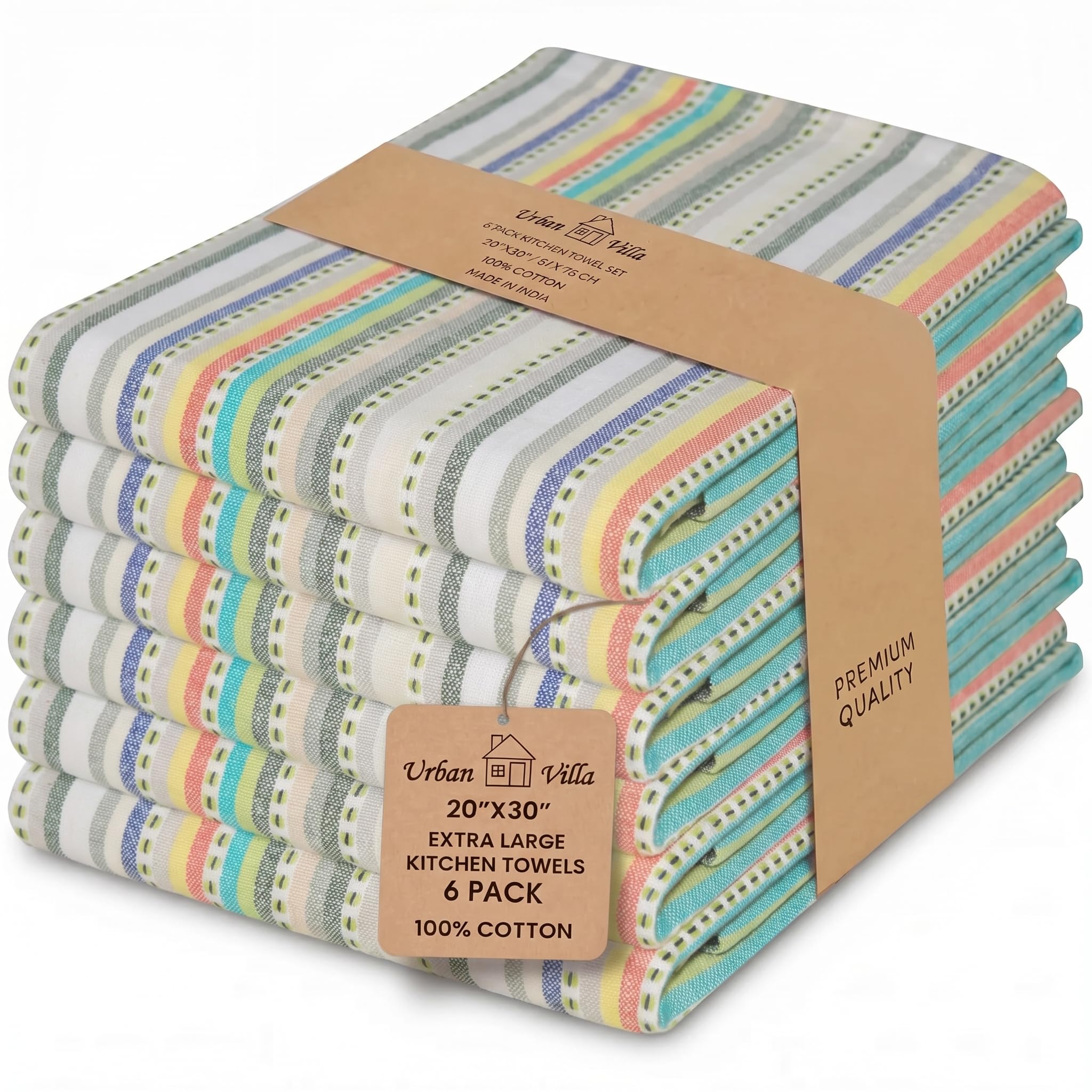 Urban Villa Kitchen Towels 100% Cotton Dish Towels for Kitchen (Set of 6) 20”x30” Dish Cloths Highly Absorbent Kitchen Linen Set with Hanging Loop Perfect for Drying Dishes Cleaning Towels-Blue White