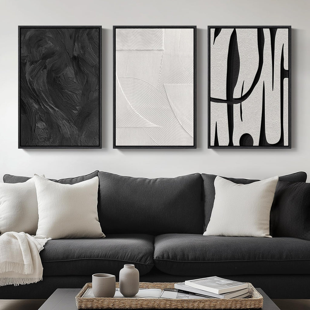 Framed Black and White Abstract Wall Art, 3 Piece Modern Canvas Prints Paintings Art for Walls, Minimalist Black White Abstract Pictures for Living Room Bedroom Dining Room Office Wall Decor 16x24 In