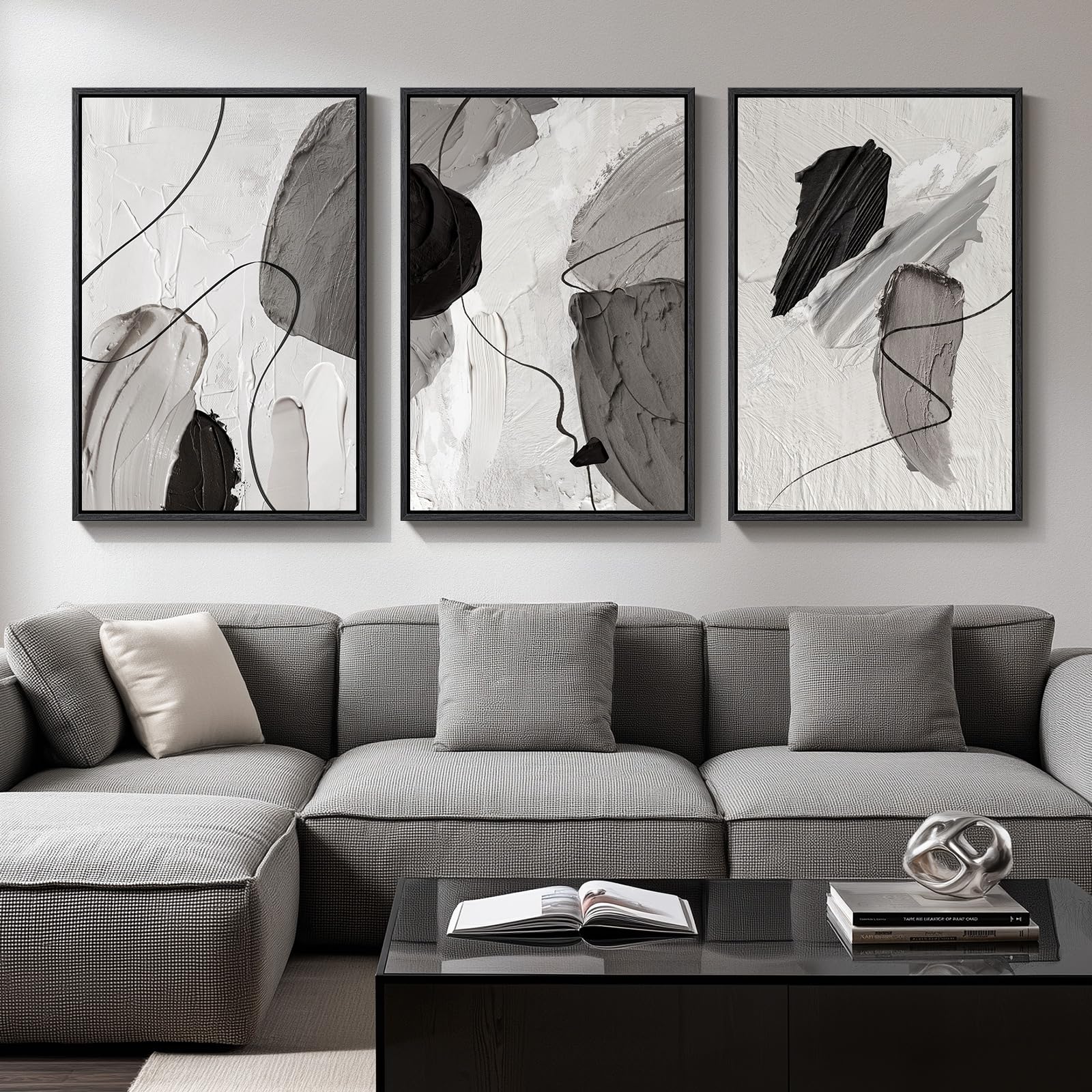 Large Framed Black and White Abstract Wall Art for Living Room, 3 Piece Big Modern Canvas Prints Paintings Artwork for Walls, Minimalist Abstract Art Pictures for Hallway, Office Wall Decor 24x36 In