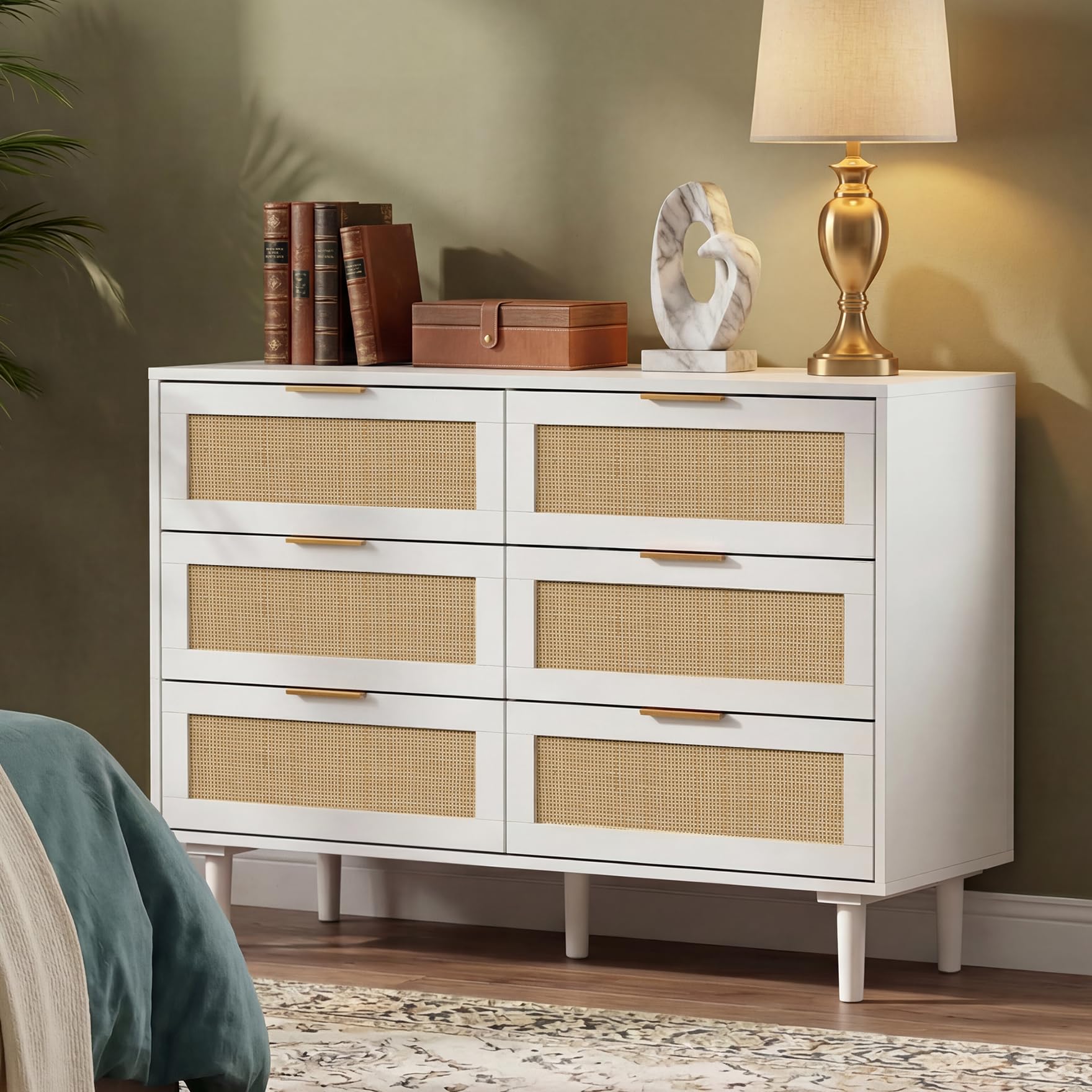 FUQARHY 6 Drawer Dresser Rattan Dresser Modern Chest with Drawers,Wood Storage Closet Dressers Chest of Drawers for Bedroom,Living Room,Hallway (Natural)