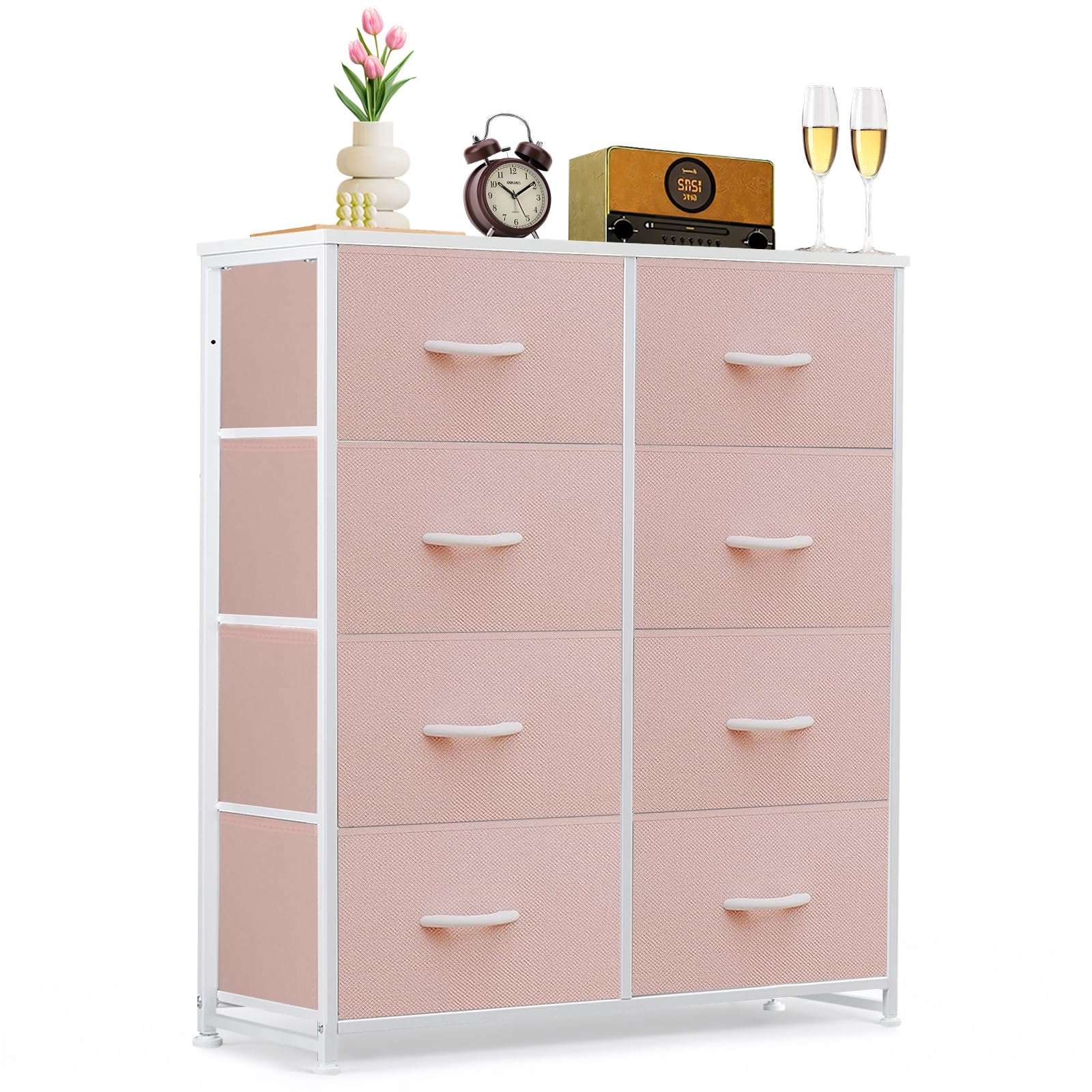 9-Drawer Dresser for Bedroom, Anti-Tip Tall Storage Organizer Chest of Drawers with Wooden Top and Metal Frame Fabric Bins for Closet, Living Room, Hallway, Entryway, White