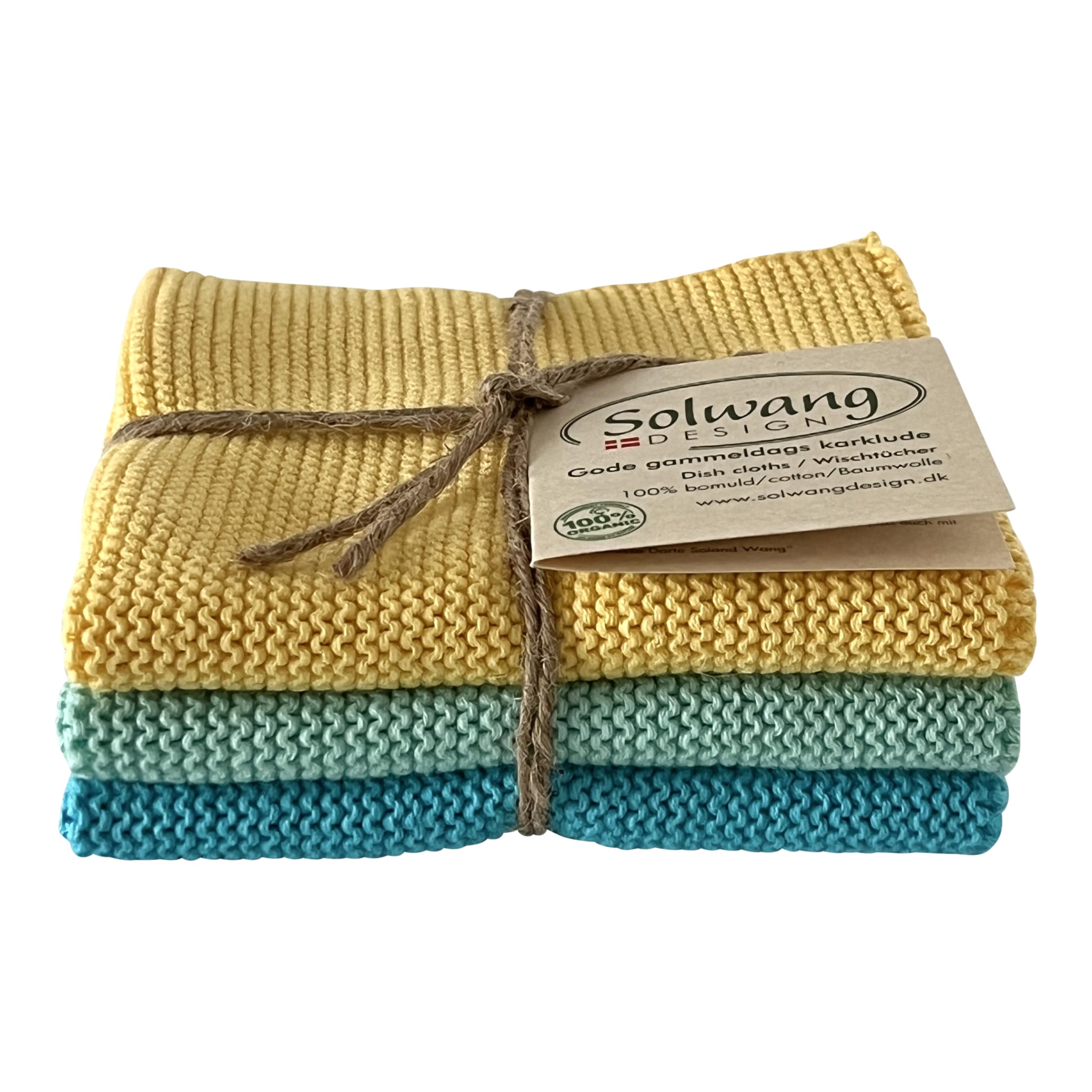 Solwang 3-Piece Danish Cotton Dishcloths in 100% Certified Organic Cotton Made in India (Rustic Blue Organic Combi)