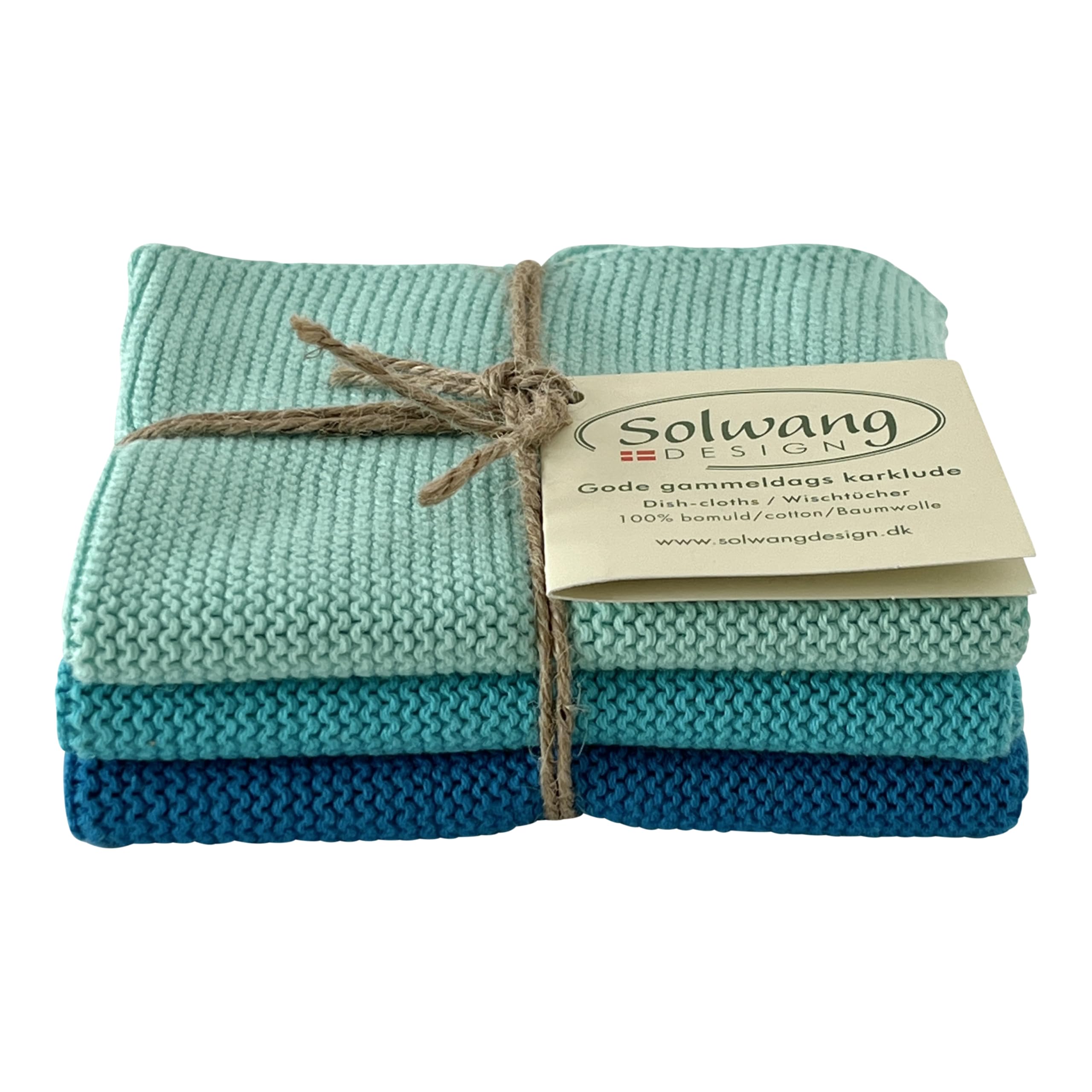 Solwang 3-Piece Danish Cotton Dishcloths in 100% Certified Organic Cotton Made in India (Rustic Blue Organic Combi)