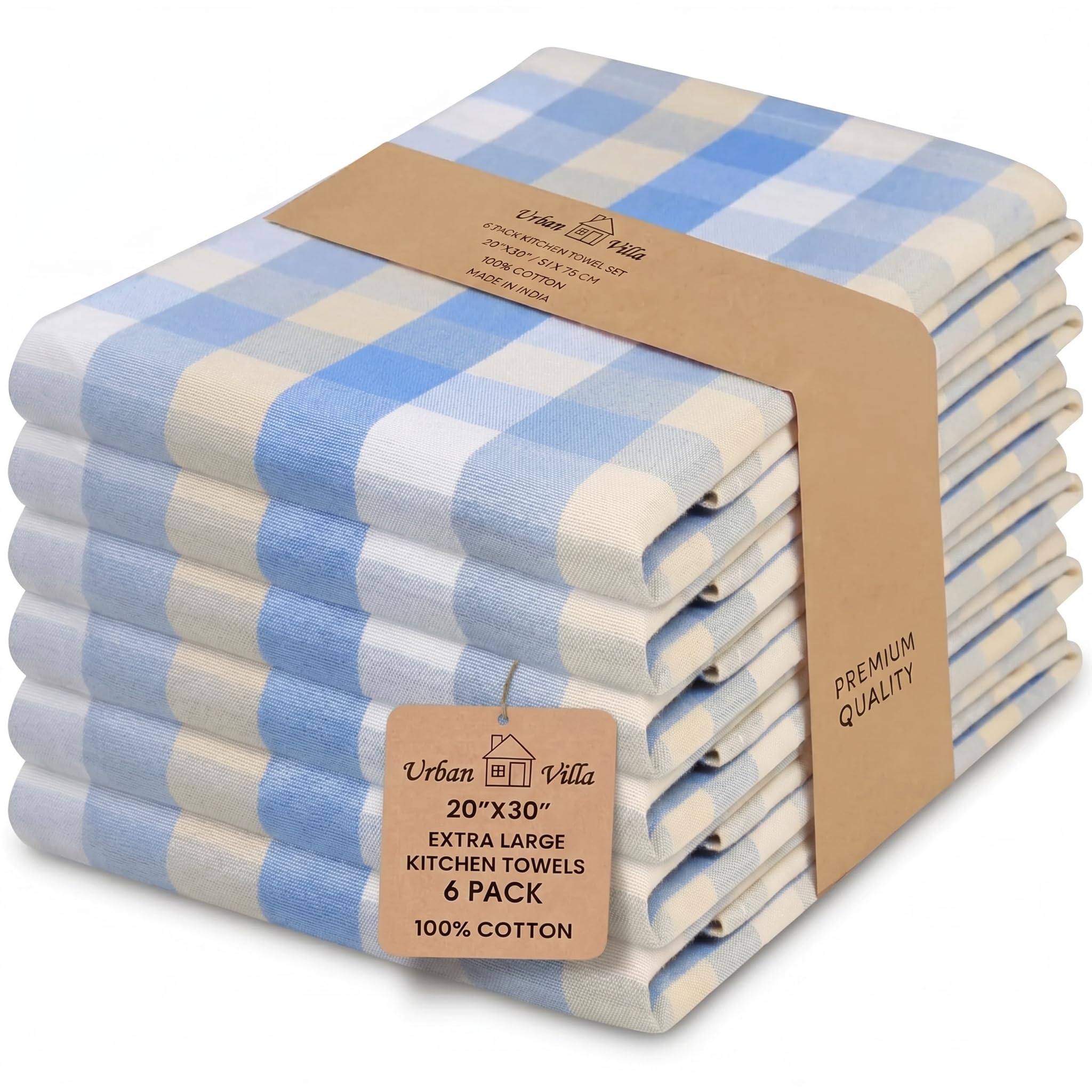 Urban Villa Kitchen Towels 100% Cotton Dish Towels for Kitchen (Set of 6) 20”x30” Dish Cloths Highly Absorbent Kitchen Linen Set with Hanging Loop Perfect for Drying Dishes Cleaning Towels-Blue White