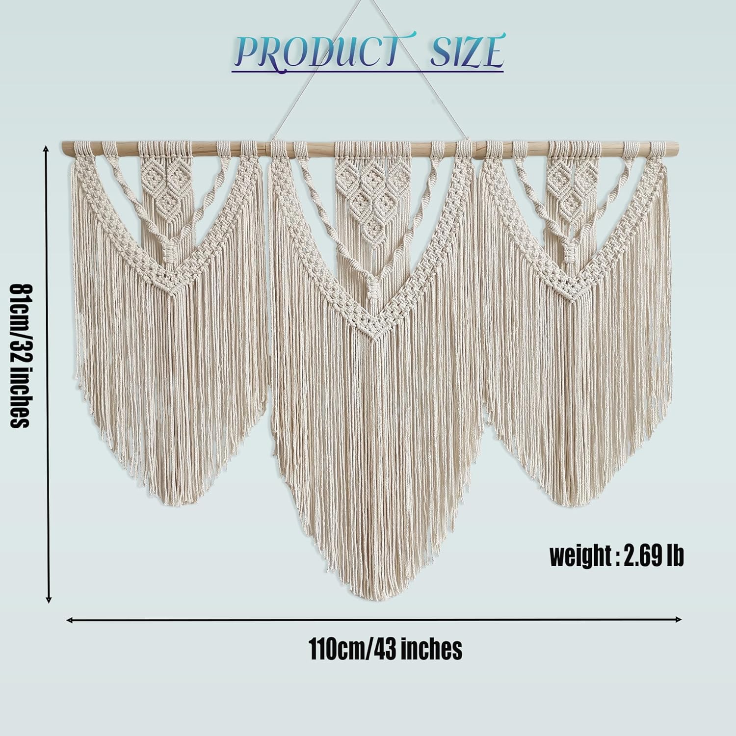 oiikain Large Handmade Boho Macrame Wall Hanging Tapestry - Chic Bohemian Woven Home Decor art for Living Room, Bedroom, and Wedding Parties (Beige, twelve rhombus)