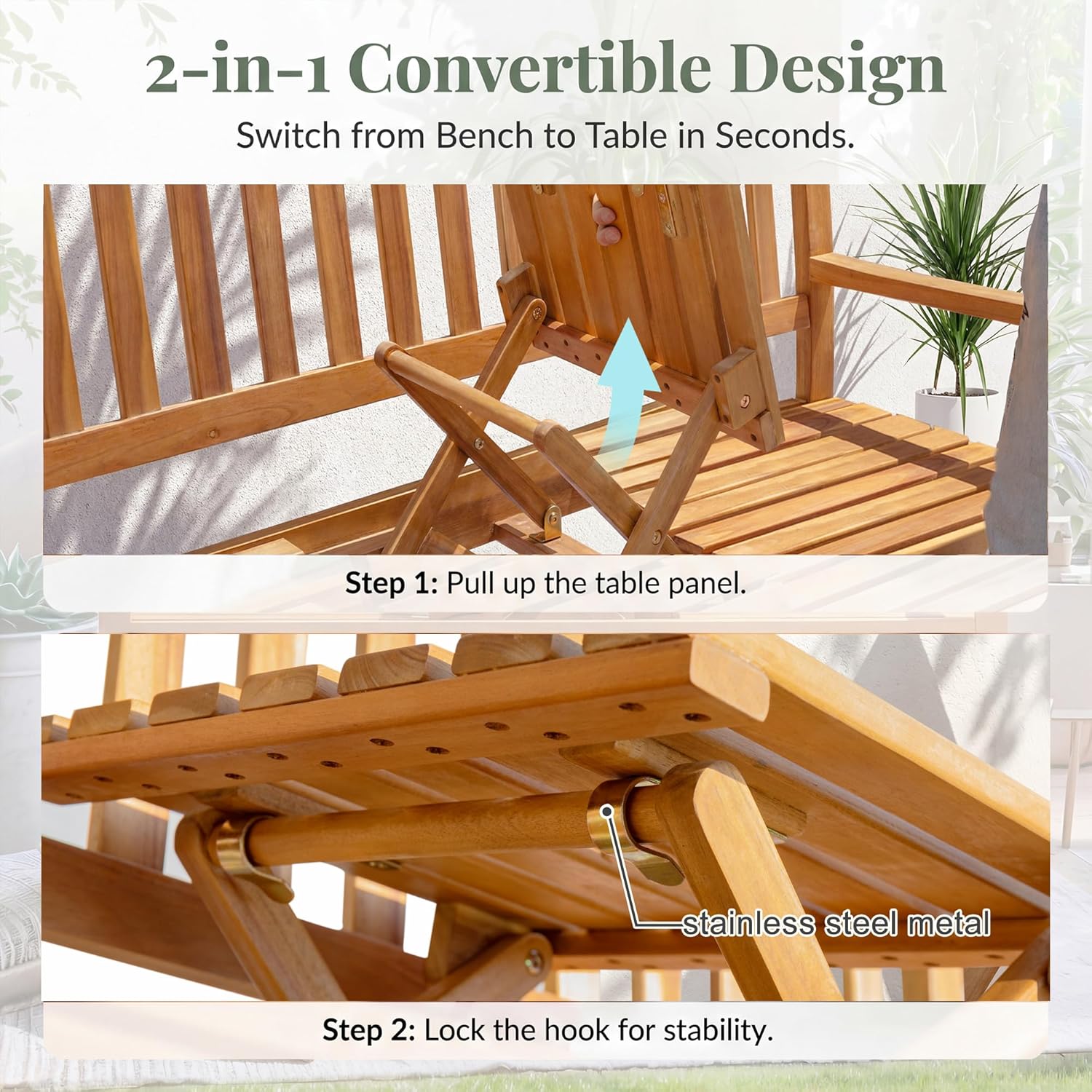 Devoko Outdoor Bench, 2-Person Garden Bench, Patio Wood Bench Outdoor Loveseat with Pull-Out Center Table for Backyard, Balcony and Patio and Garden (Log Color)