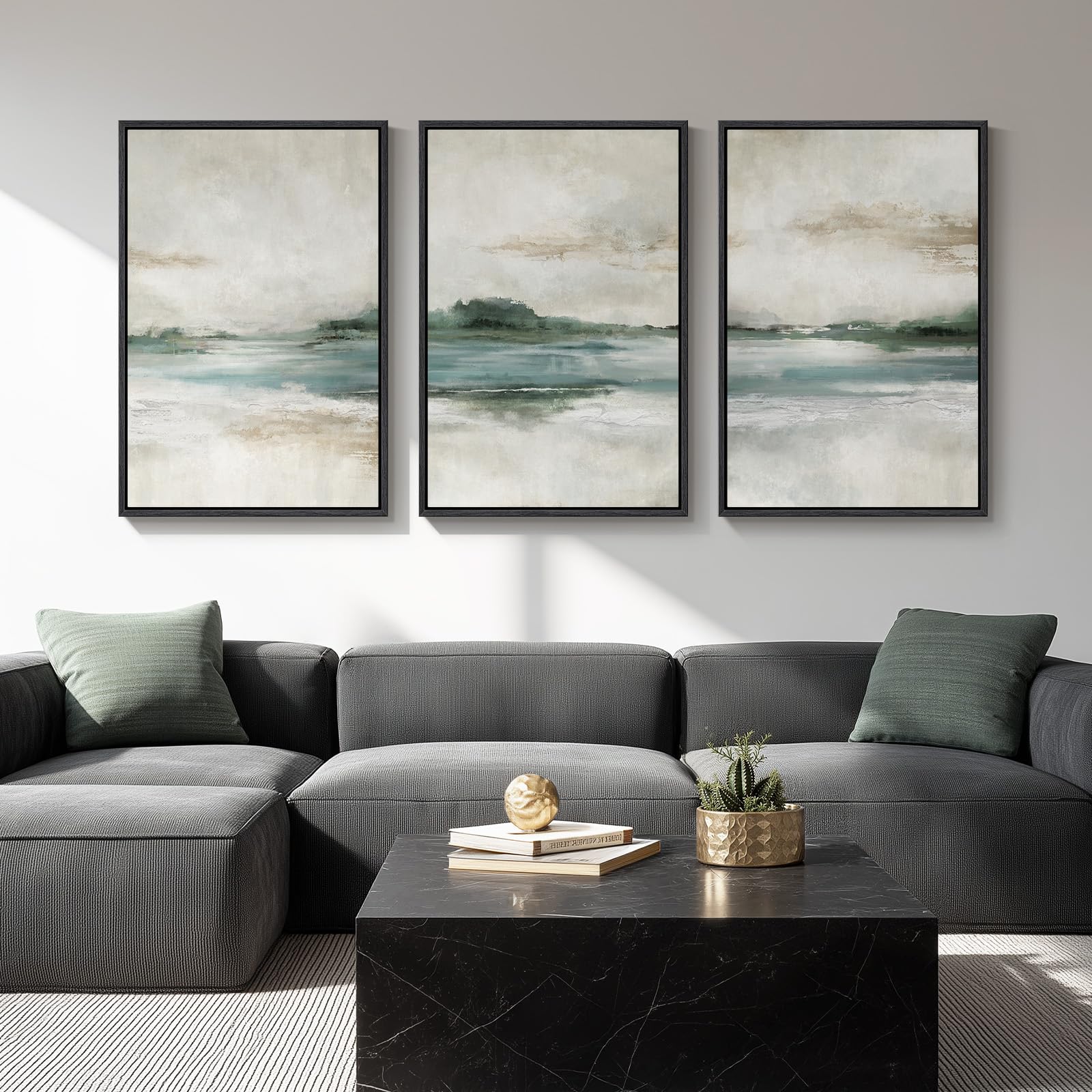 Large Framed Abstract Nature Landscape Wall Art for Living Room, Set of 3 Modern Canvas Prints Paintings Artwork for Walls, Green Lake Pictures for Hallway, Dining Room, Office Wall Decor 24x36 Inch