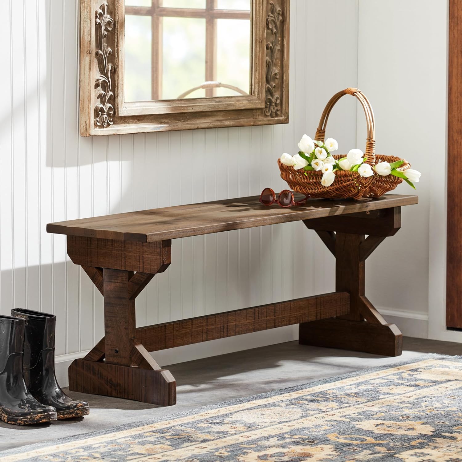 Backyard Discovery 46" Meranti Wood Farmhouse Bench with Walnut Stain, Designed for Indoor and Outdoor Use, Entryway, Living Room, Garden, Patio, Porch, Deck