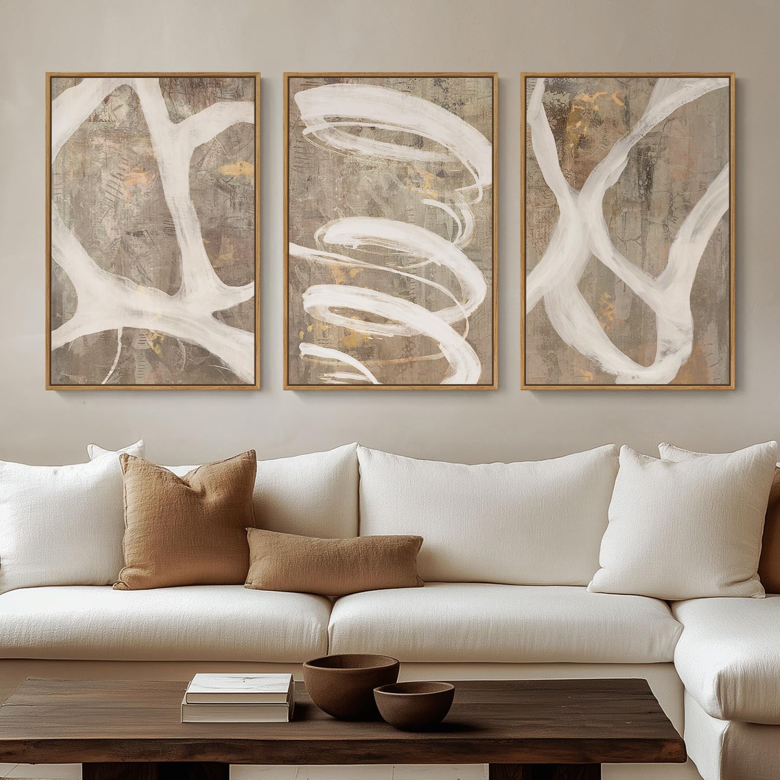 Large Framed Neutral Abstract Wall Art for Living Room, 3 Piece Modern Canvas Prints Paintings Artwork for Walls, Black and Beige Pictures for Living Room Hallway Stair Office Wall Decor 24x36 Inch