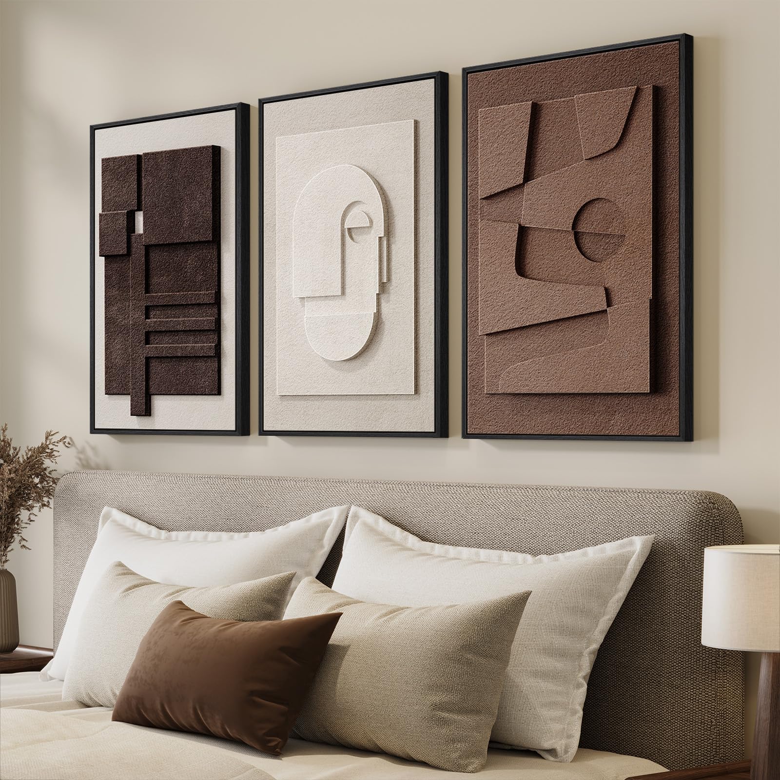 Large 3D Textured Framed Neutral Abstract Wall Art for Living Room, 3 Piece Modern Artwork for Walls, Minimalist White and Brown Geometric Wall Paintings for Hallway, Stair, Office Wall Decor 24x36 In