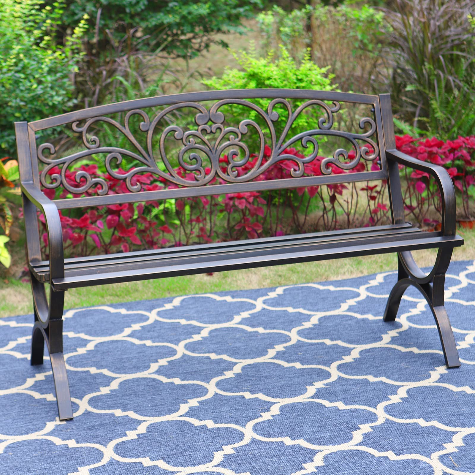 50 Inch Bronze Cast Iron Garden Bench with Floral Backrest