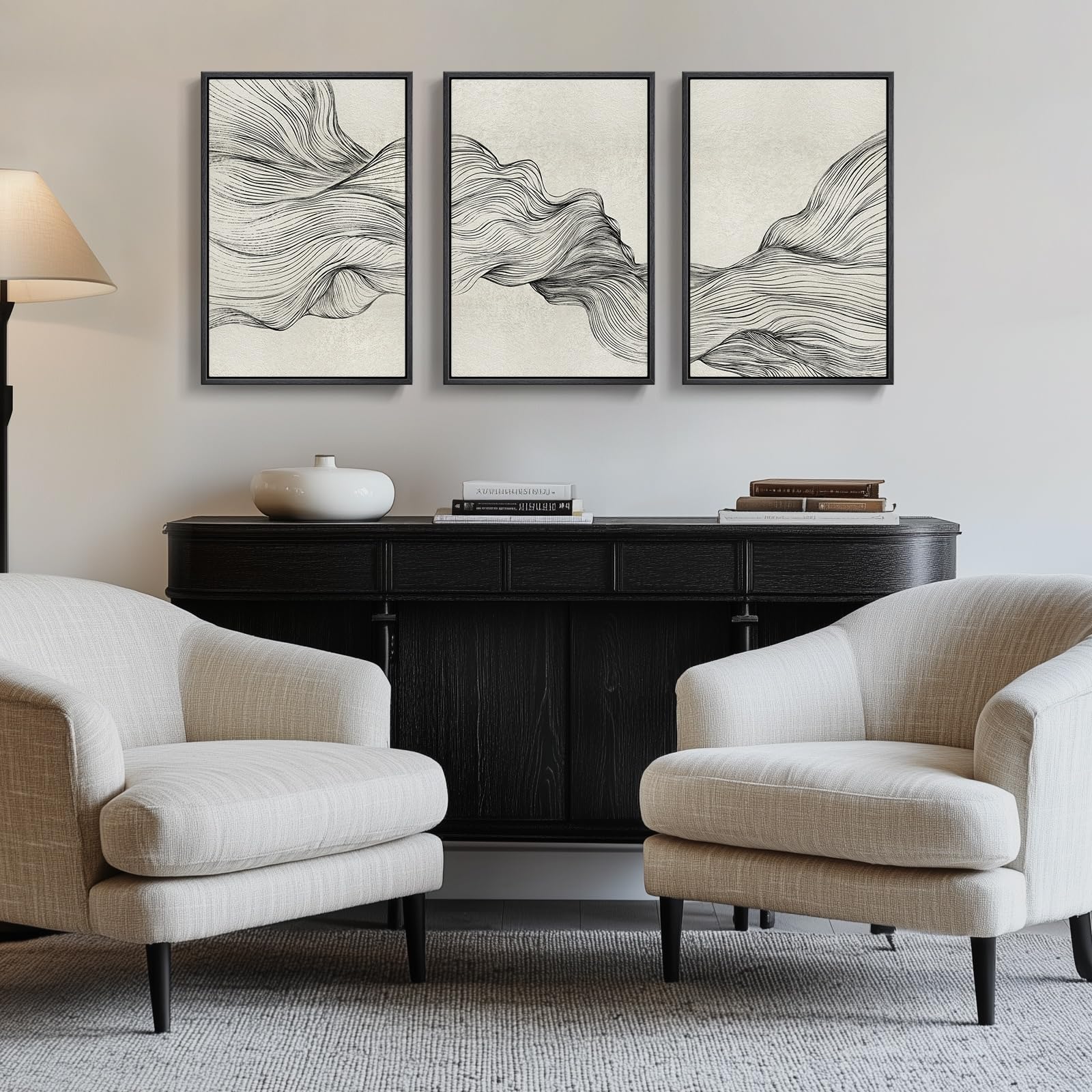 Large Framed Black and White Abstract Wall Art for Living Room, 3 Piece Big Modern Canvas Prints Paintings Artwork for Walls, Minimalist Abstract Art Pictures for Hallway, Office Wall Decor 24x36 In