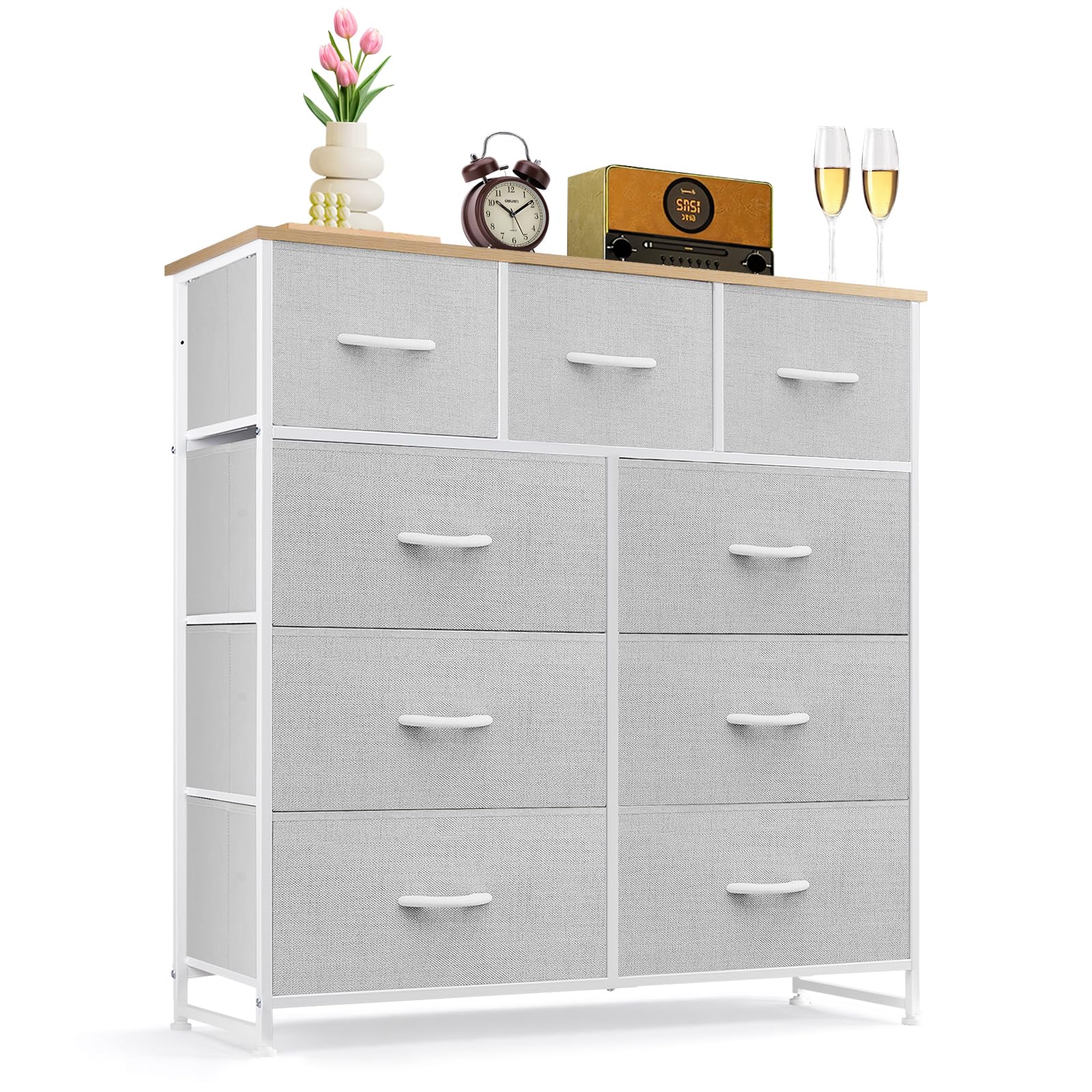 9-Drawer Dresser for Bedroom, Anti-Tip Tall Storage Organizer Chest of Drawers with Wooden Top and Metal Frame Fabric Bins for Closet, Living Room, Hallway, Entryway, White