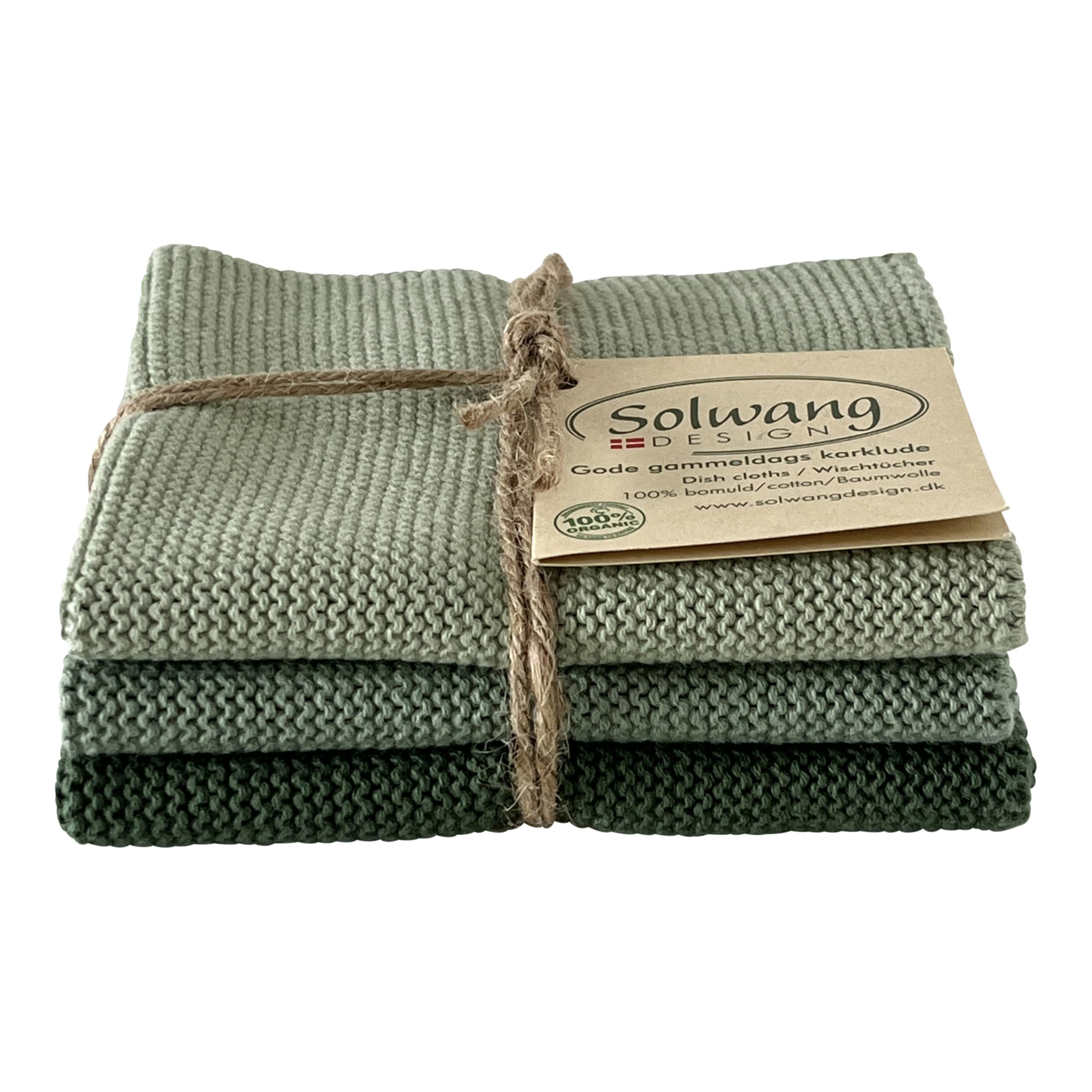 Solwang 3-Piece Danish Cotton Dishcloths in 100% Certified Organic Cotton Made in India (Rustic Blue Organic Combi)