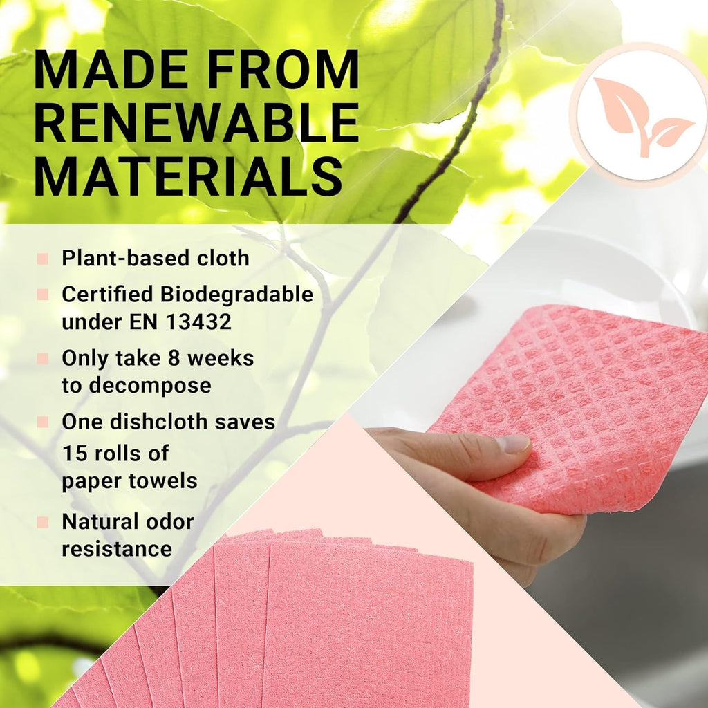 Swedish Wholesale Dishcloths Reusable 8" x 7" Sponge Cloths, Bulk 10 Pack of High Absorbent Cellulose Dish & Kitchen Cleaning Hand Towels, Wring to Dry & Machine Wash, Odor Resistant, White