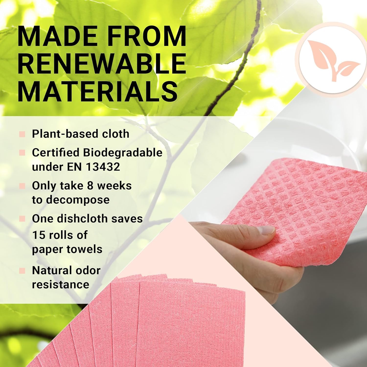 Swedish Wholesale Dishcloths Reusable 8" x 7" Sponge Cloths, Bulk 10 Pack of High Absorbent Cellulose Dish & Kitchen Cleaning Hand Towels, Wring to Dry & Machine Wash, Odor Resistant, White