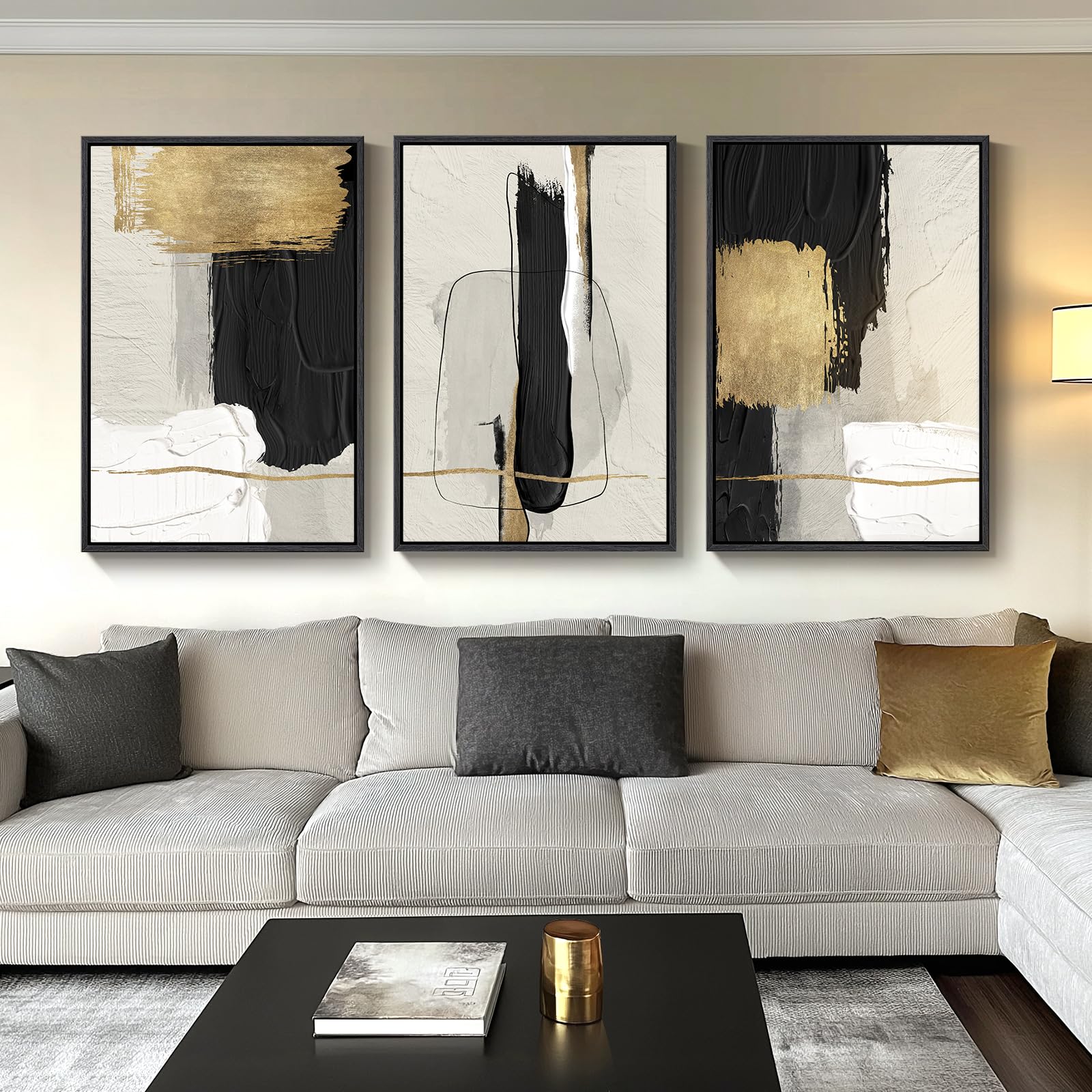 Framed Black and White Abstract Wall Art, 3 Piece Modern Canvas Prints Paintings Art for Walls, Minimalist Black White Abstract Pictures for Living Room Bedroom Dining Room Office Wall Decor 16x24 In
