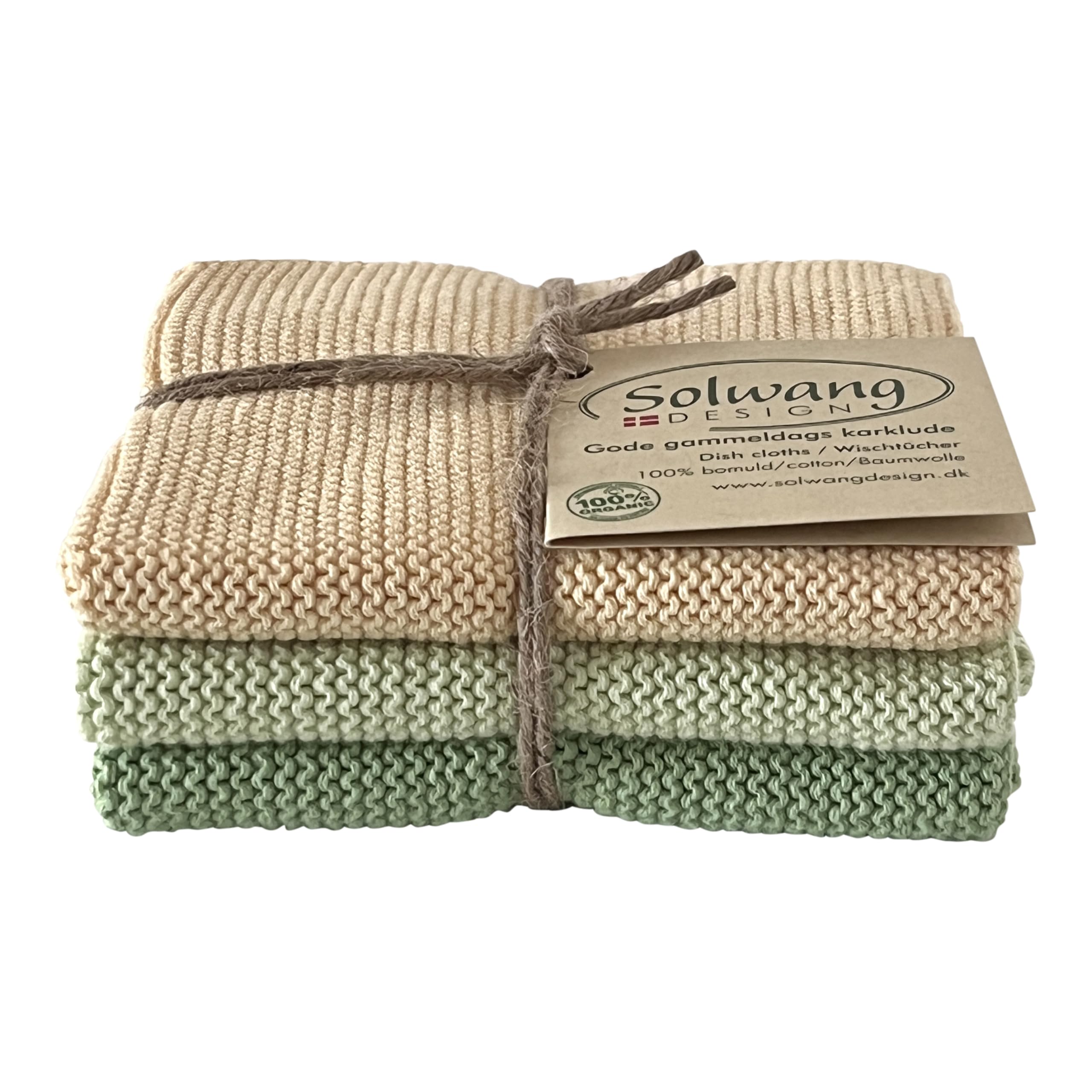 Solwang 3-Piece Danish Cotton Dishcloths in 100% Certified Organic Cotton Made in India (Rustic Blue Organic Combi)