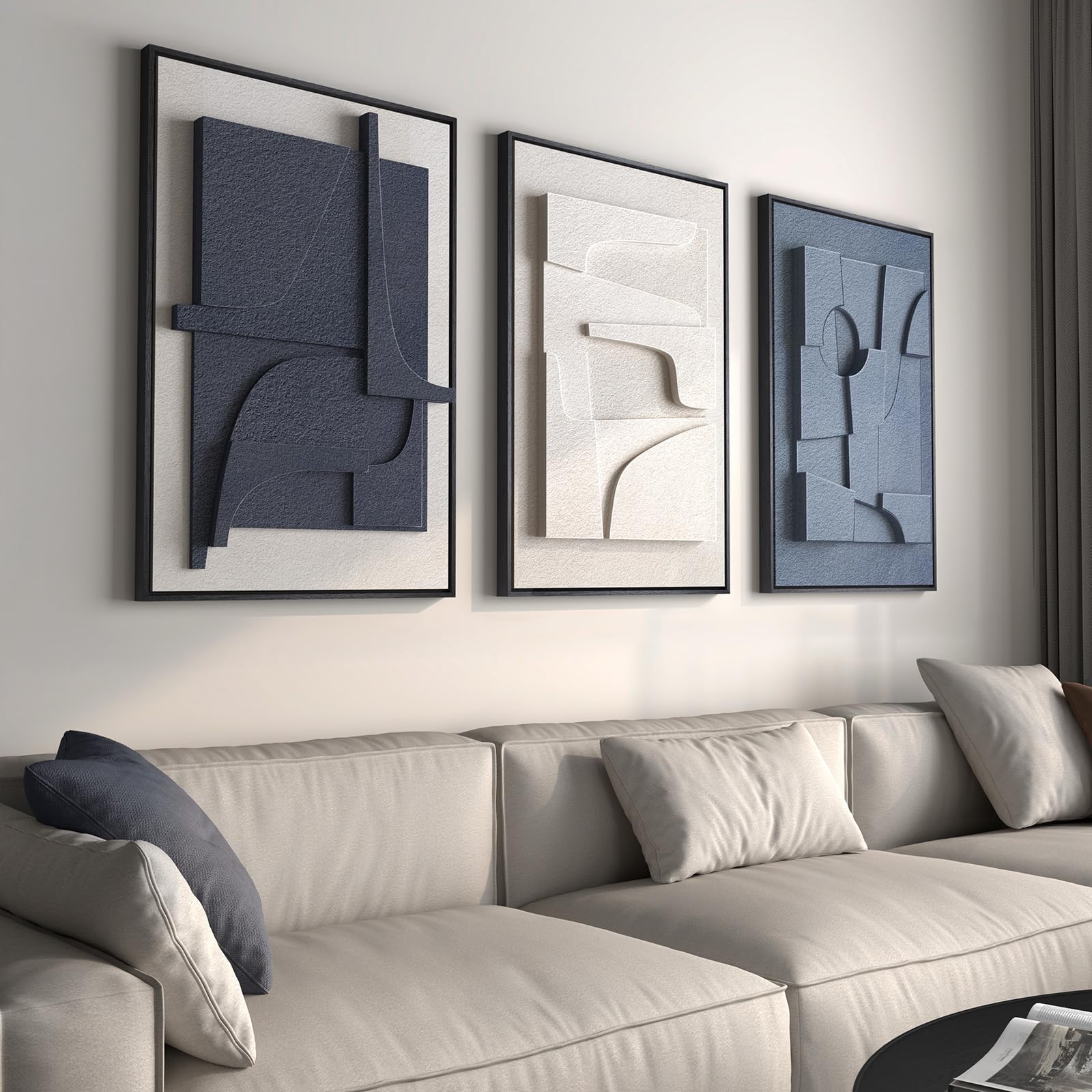 Framed Abstract 3D Textured Wall Art for Living Room, 3 Piece Modern Neutral Artwork for Walls, Brown White Geometric Sandstone Textured Painting for Bedroom, Home Office Decor-Total Size 30x60 Inch