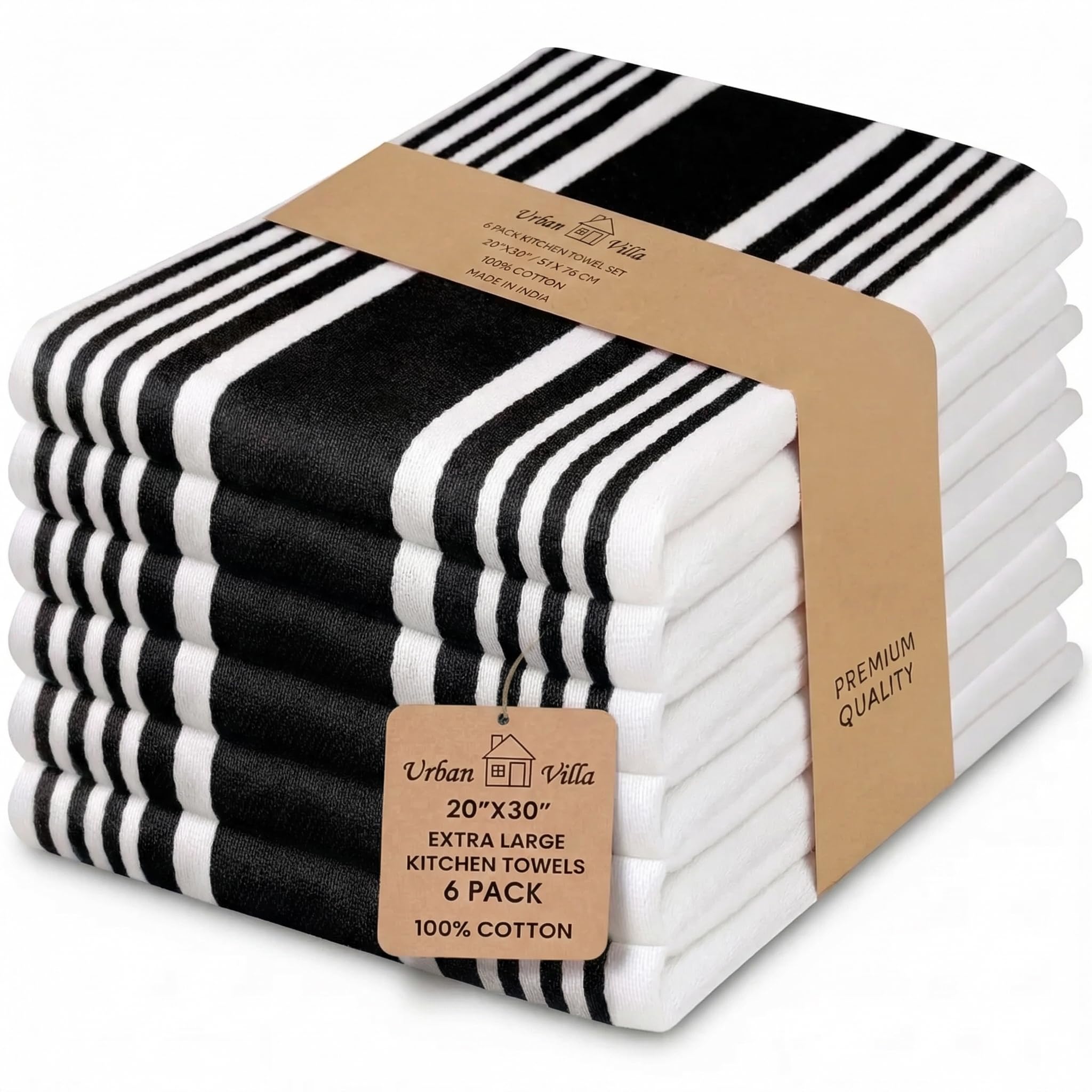 Urban Villa Kitchen Towels 100% Cotton Dish Towels for Kitchen (Set of 6) 20”x30” Dish Cloths Highly Absorbent Kitchen Linen Set with Hanging Loop Perfect for Drying Dishes Cleaning Towels-Blue White