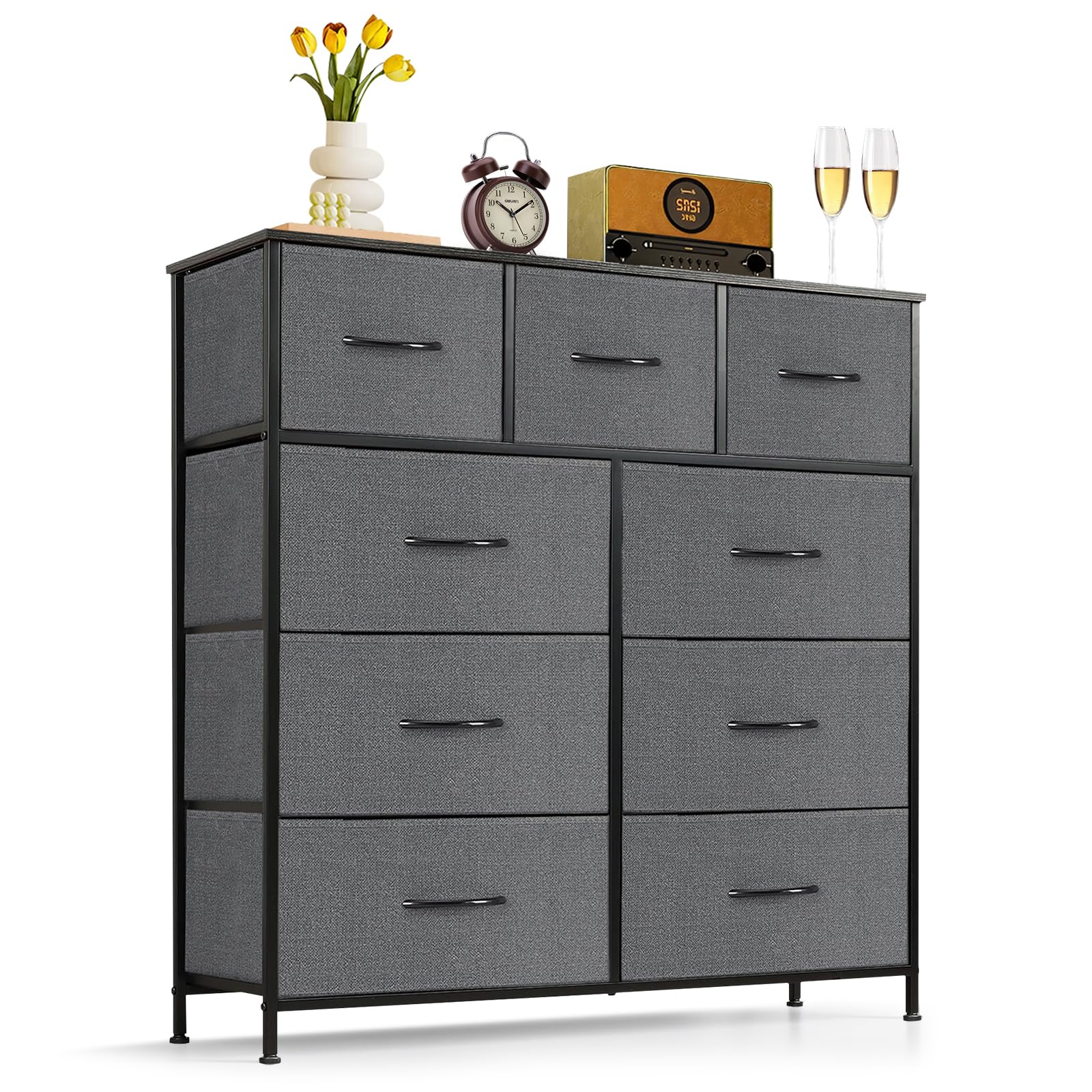 9-Drawer Dresser for Bedroom, Anti-Tip Tall Storage Organizer Chest of Drawers with Wooden Top and Metal Frame Fabric Bins for Closet, Living Room, Hallway, Entryway, White