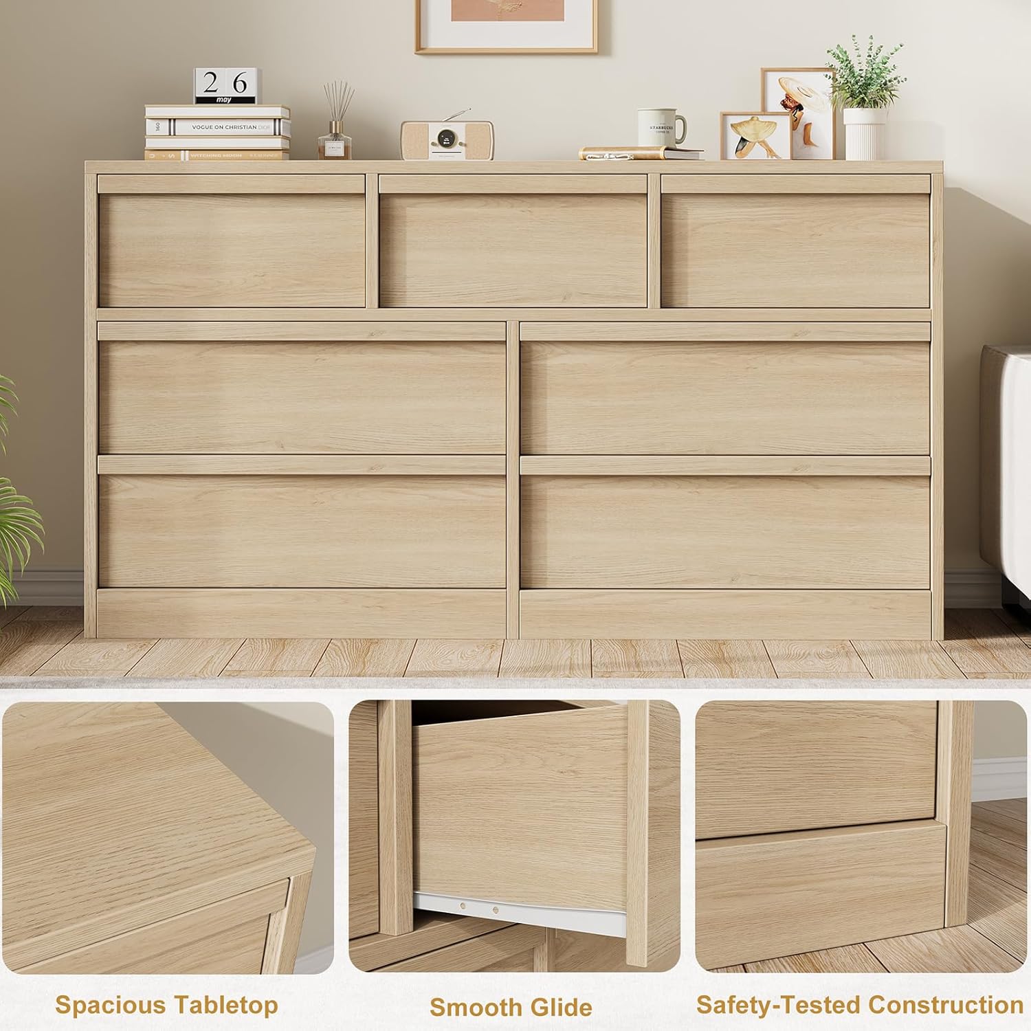 GarveeHome 7 Drawer Dresser for Bedroom, 54in Wide Natural Oak 7 Chest of Drawers with Large Storage, Wooden Dresser Organizer Closet for Living Room, Entryway, Nursery